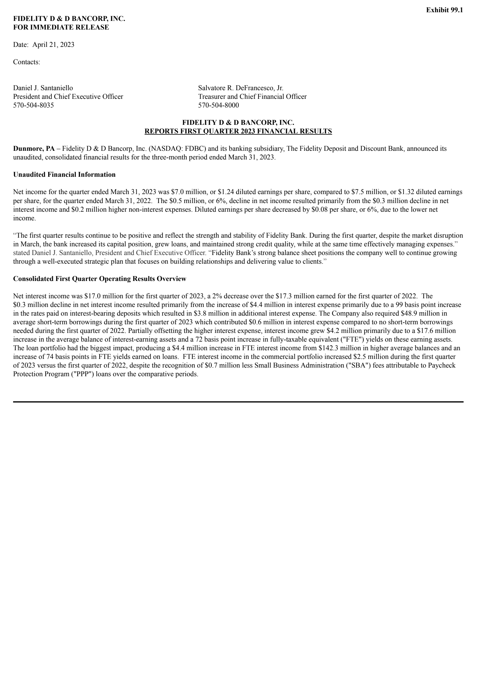 Fidelity D&D Bancorp's Q1 2023 Press Release