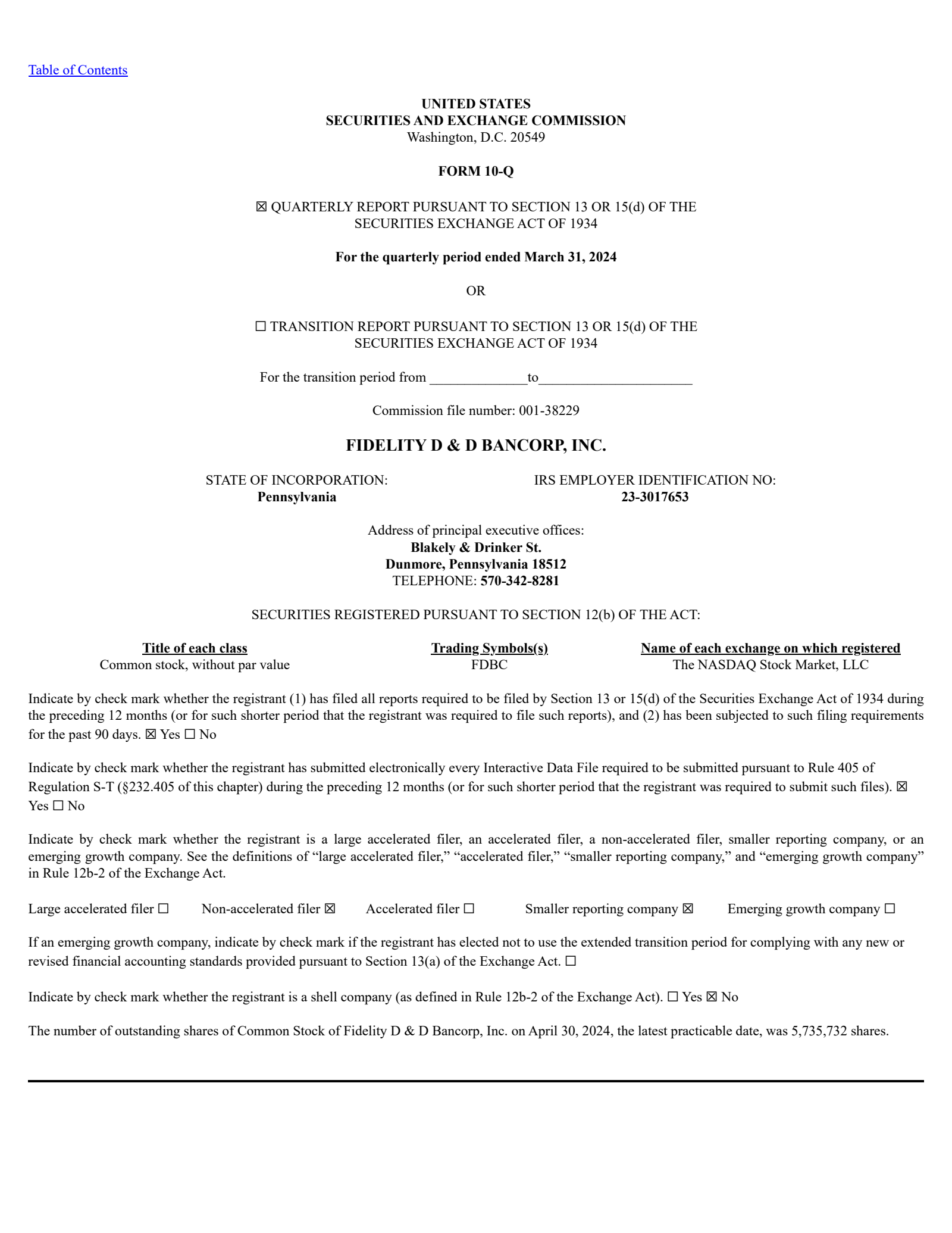 Fidelity D&D Bancorp's Q1 2024 Quarterly Report