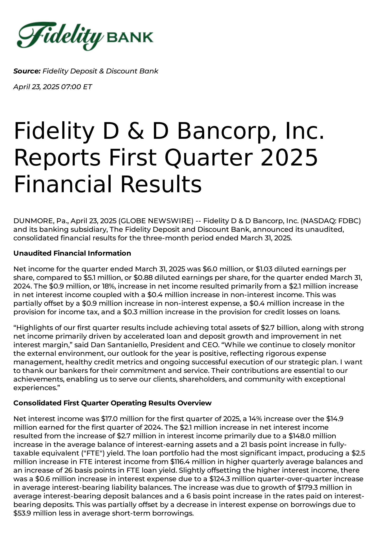 Fidelity D&D Bancorp's Q1 2025 Press Release