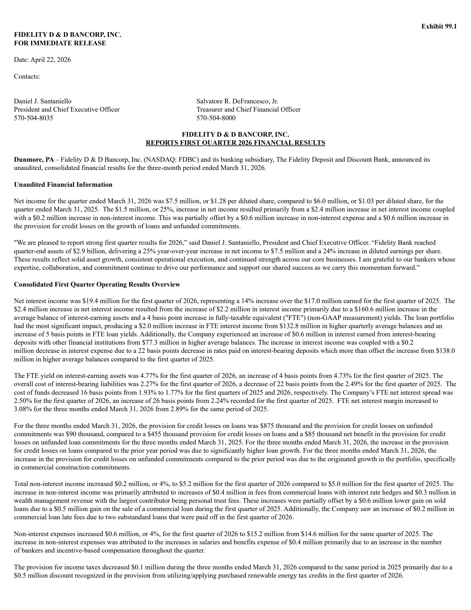 Fidelity D&D Bancorp's Q1 2026 Press Release