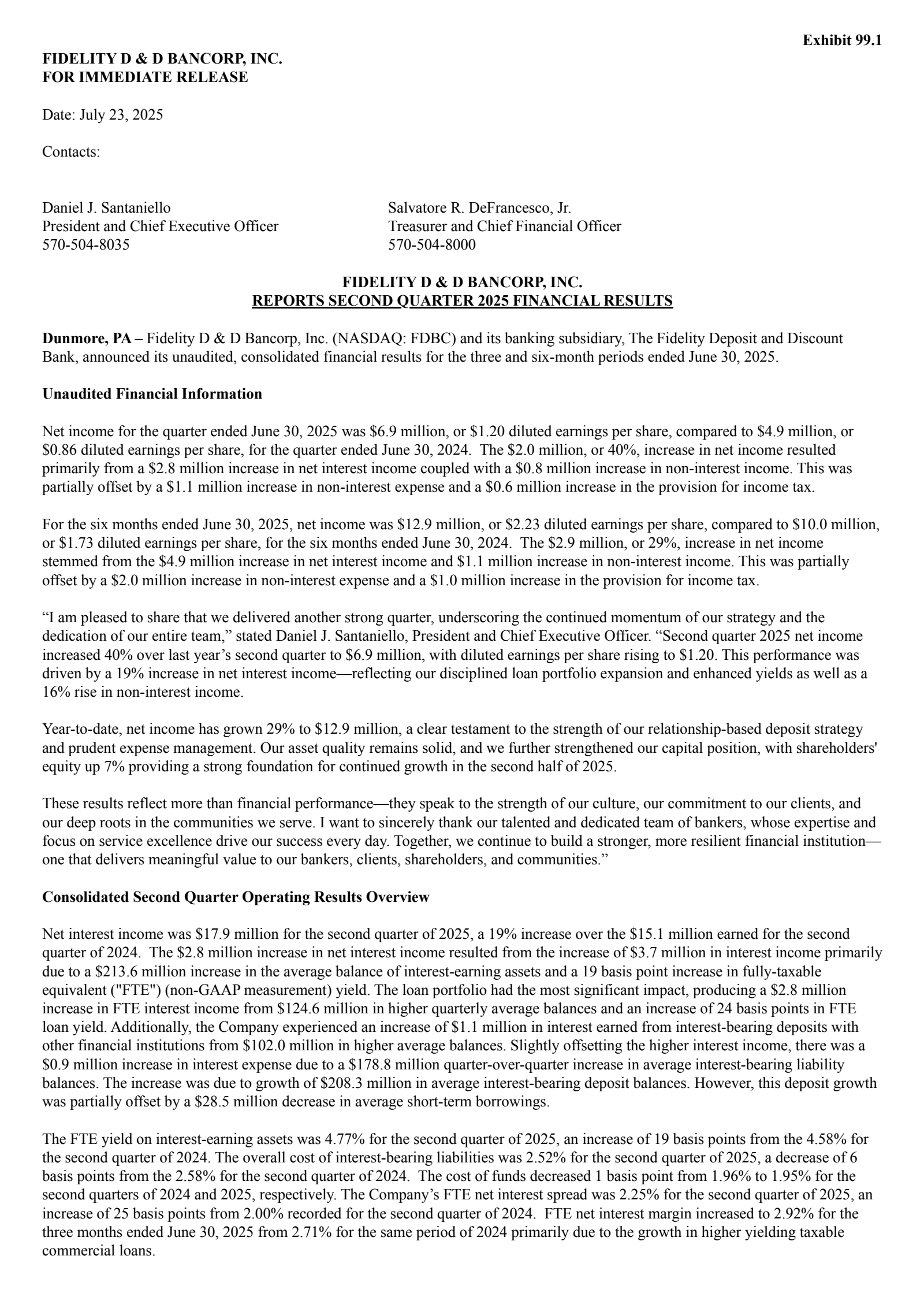 Fidelity D&D Bancorp's Q2 2025 Press Release
