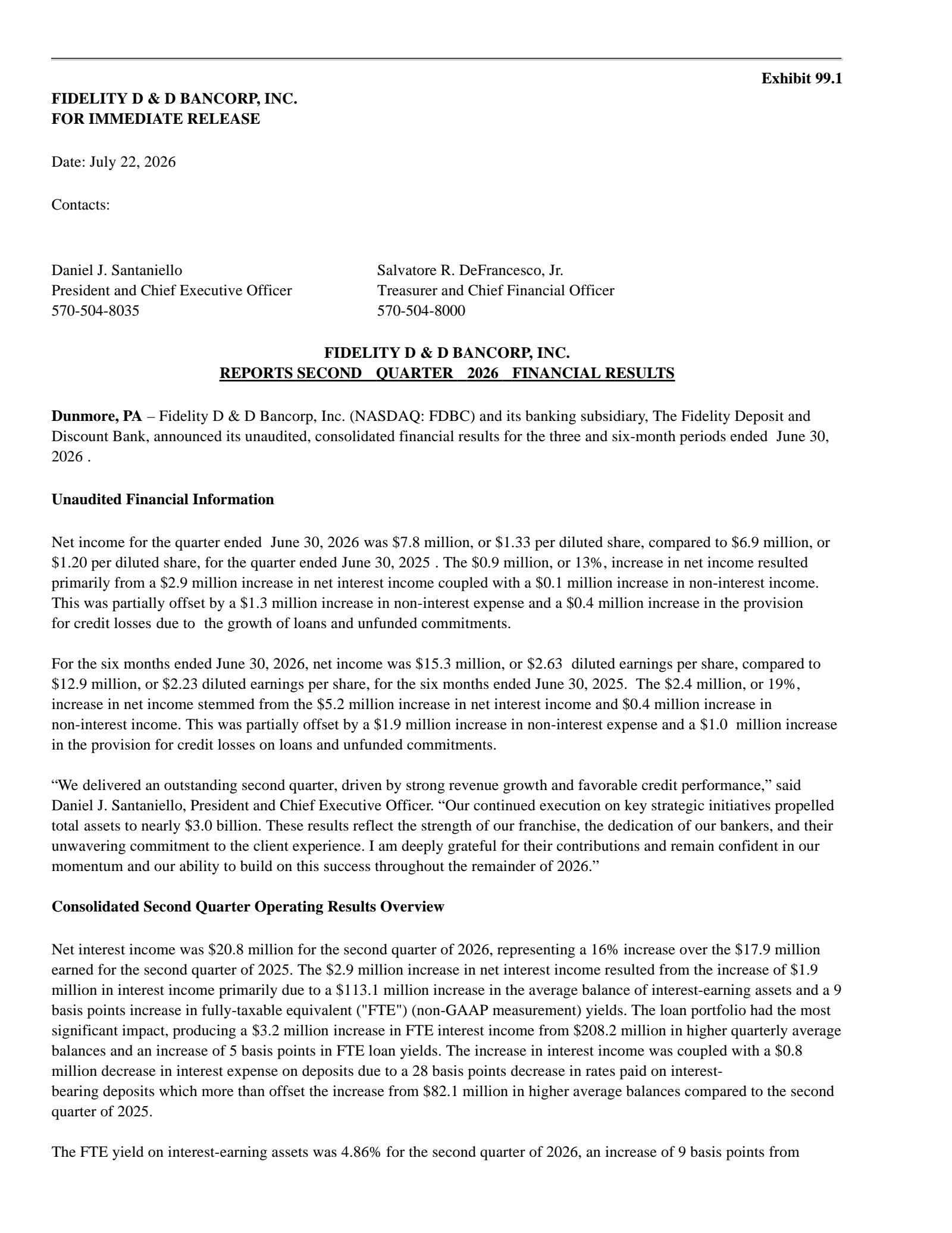 Fidelity D&D Bancorp's Q2 2026 Press Release