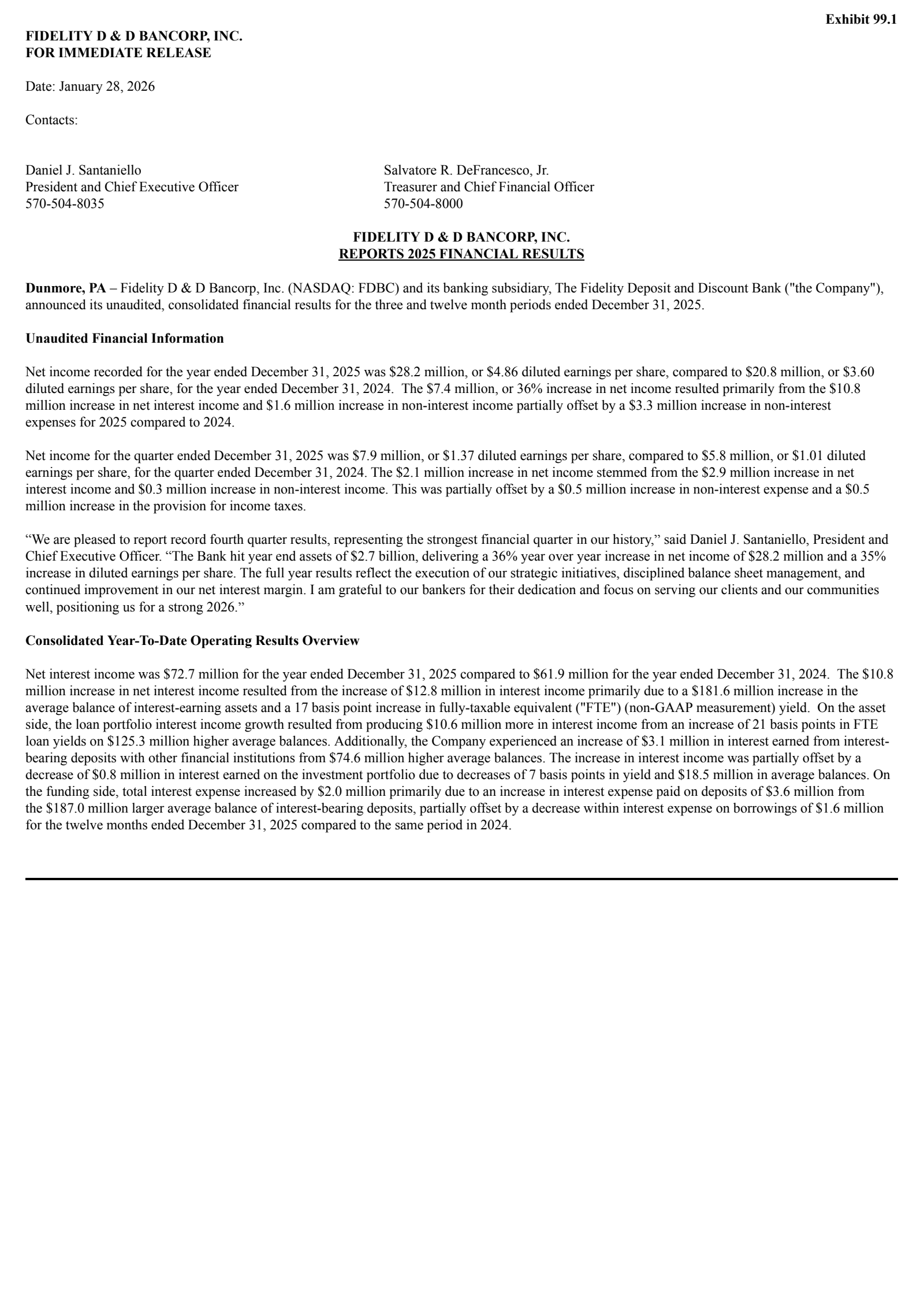 Fidelity D&D Bancorp's Q4 2025 Press Release