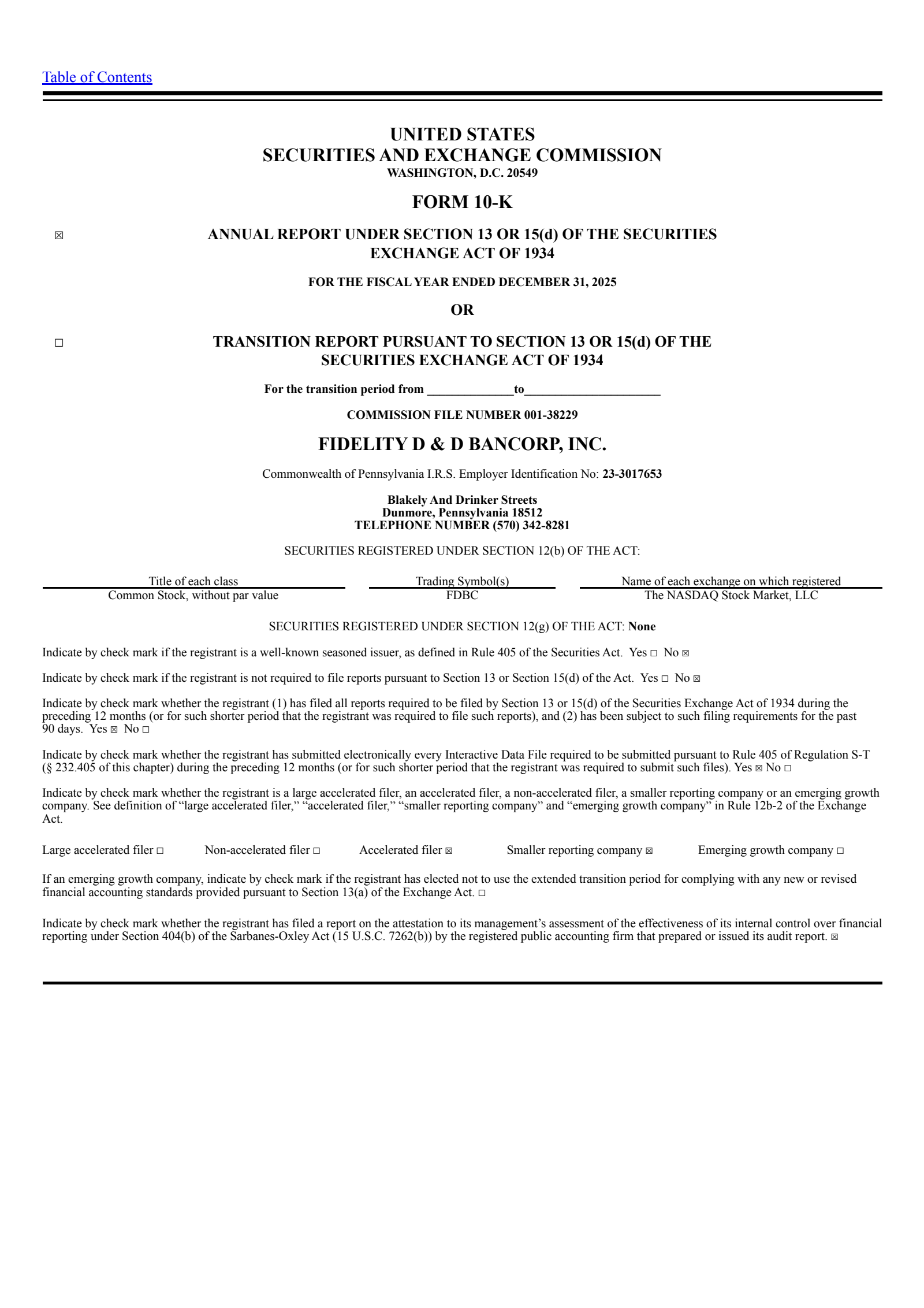 Fidelity D&D Bancorp's Q4 2025 Annual report