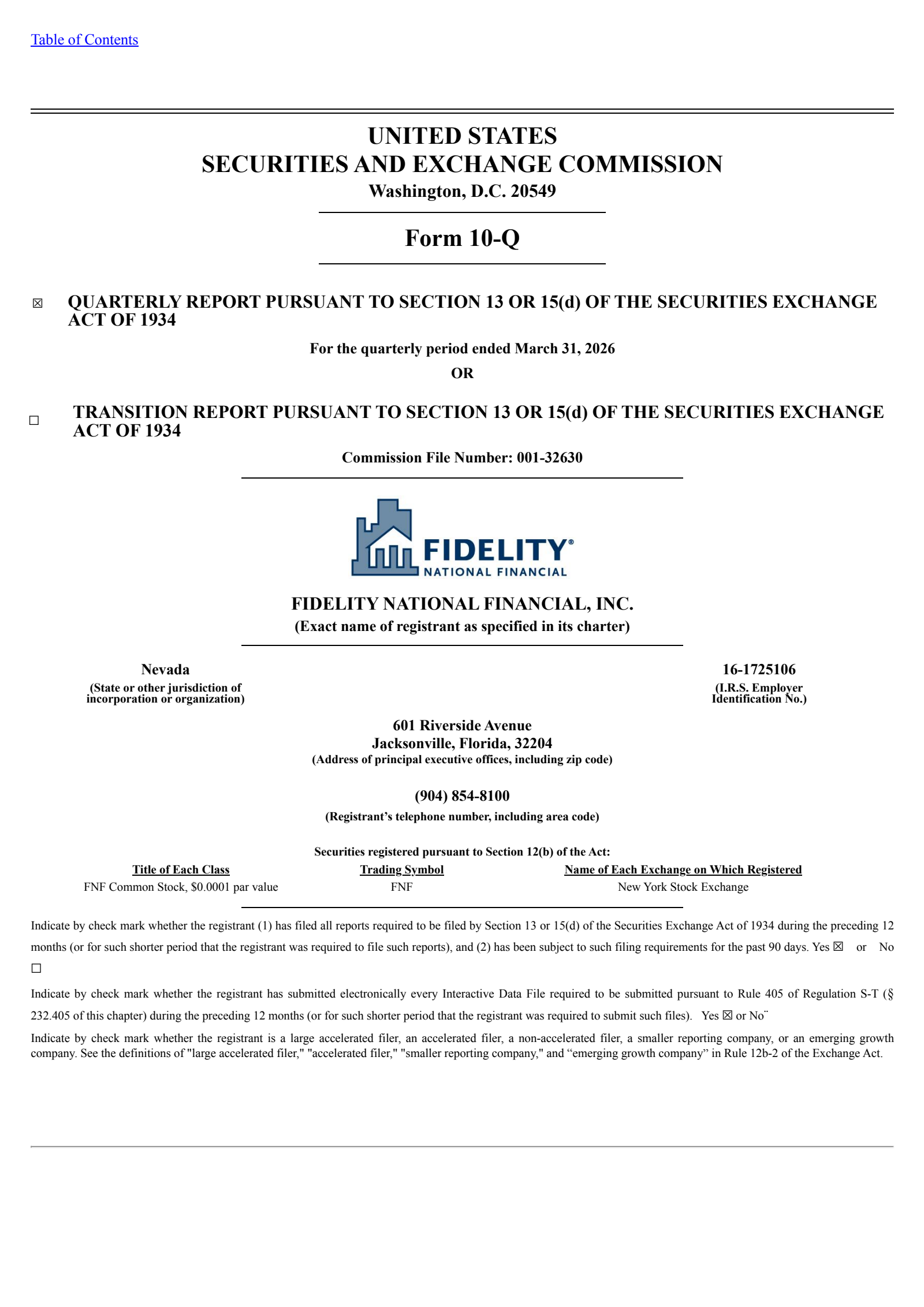 Fidelity National Financial's Q1 2026 Quarterly report