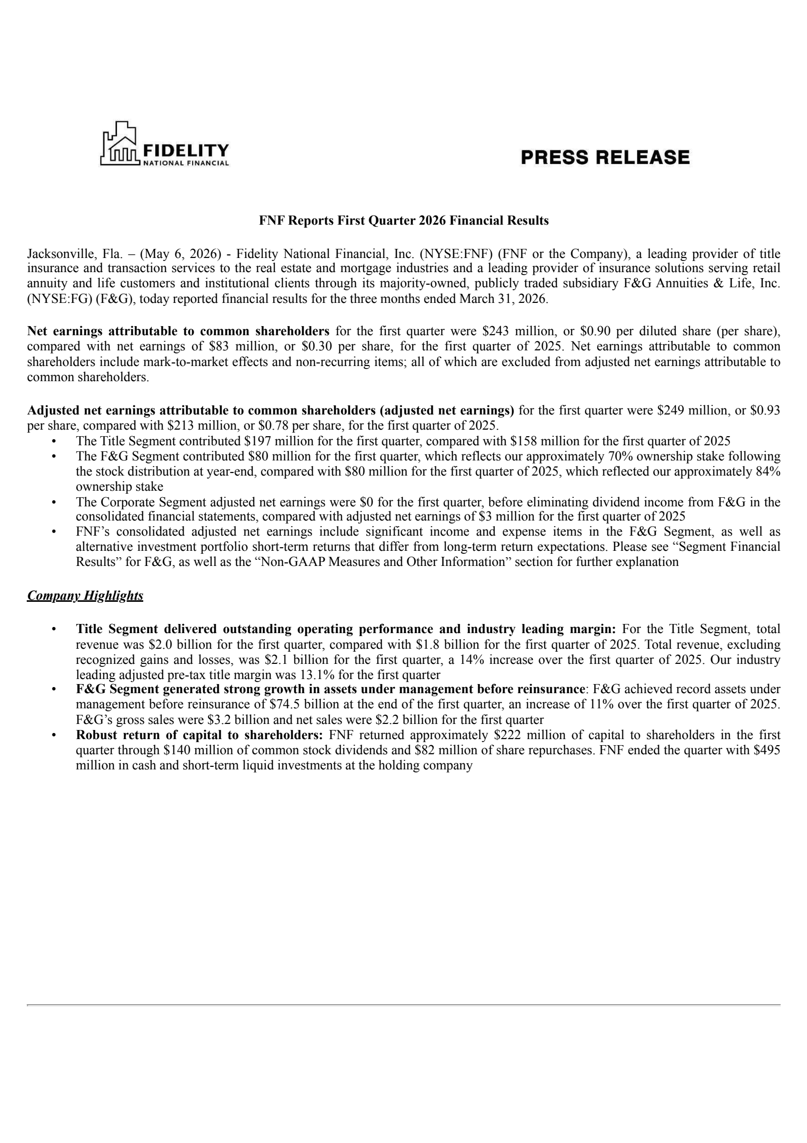 Fidelity National Financial's Q1 2026 Press Release