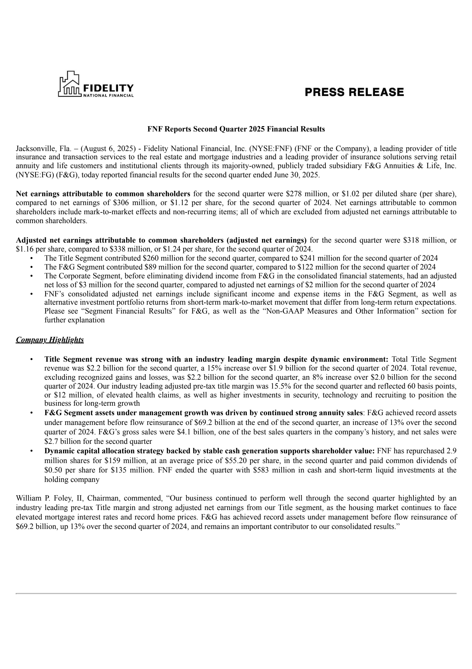 Fidelity National Financial's Q2 2025 Press Release