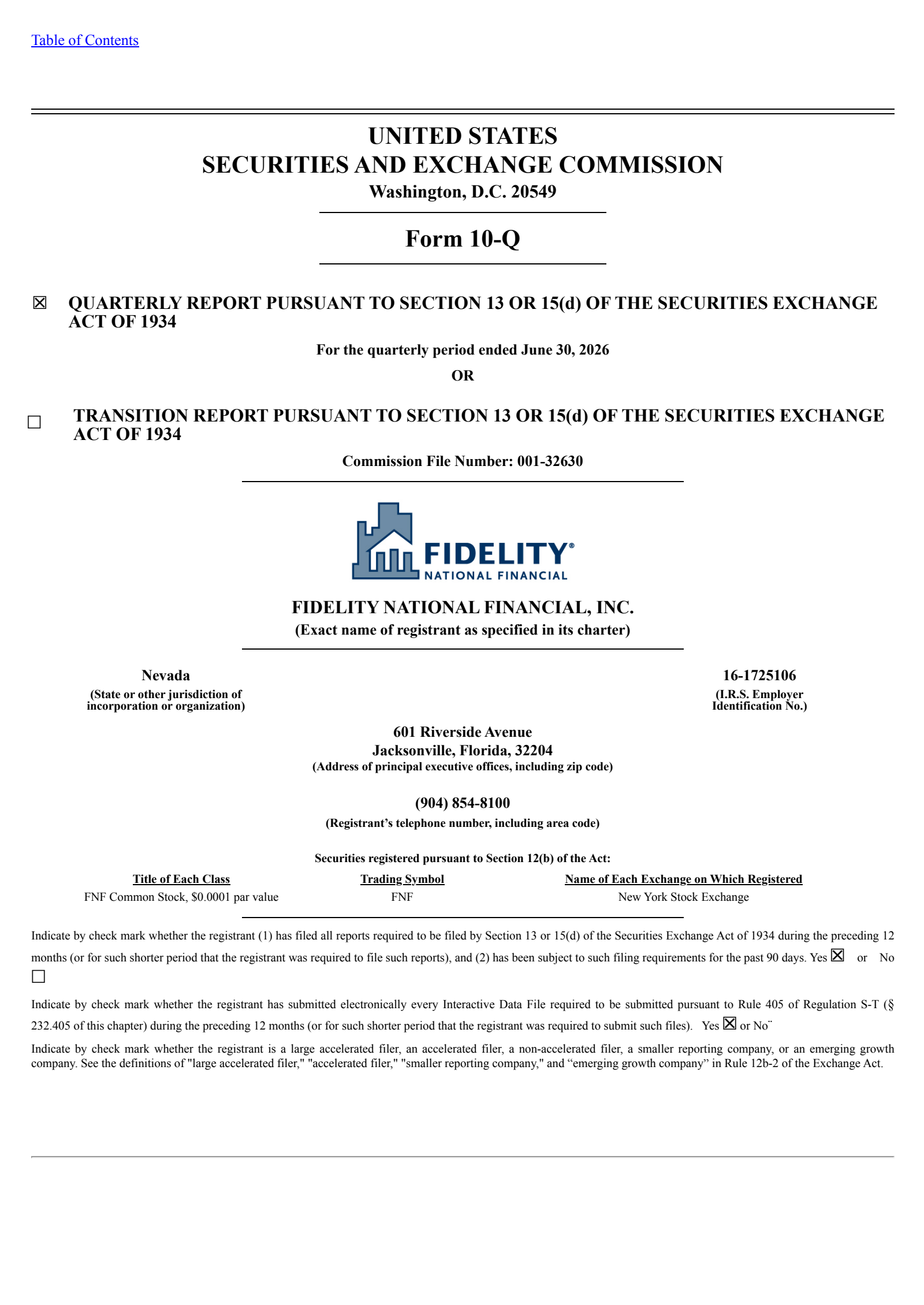 Fidelity National Financial's Q2 2026 Quarterly report
