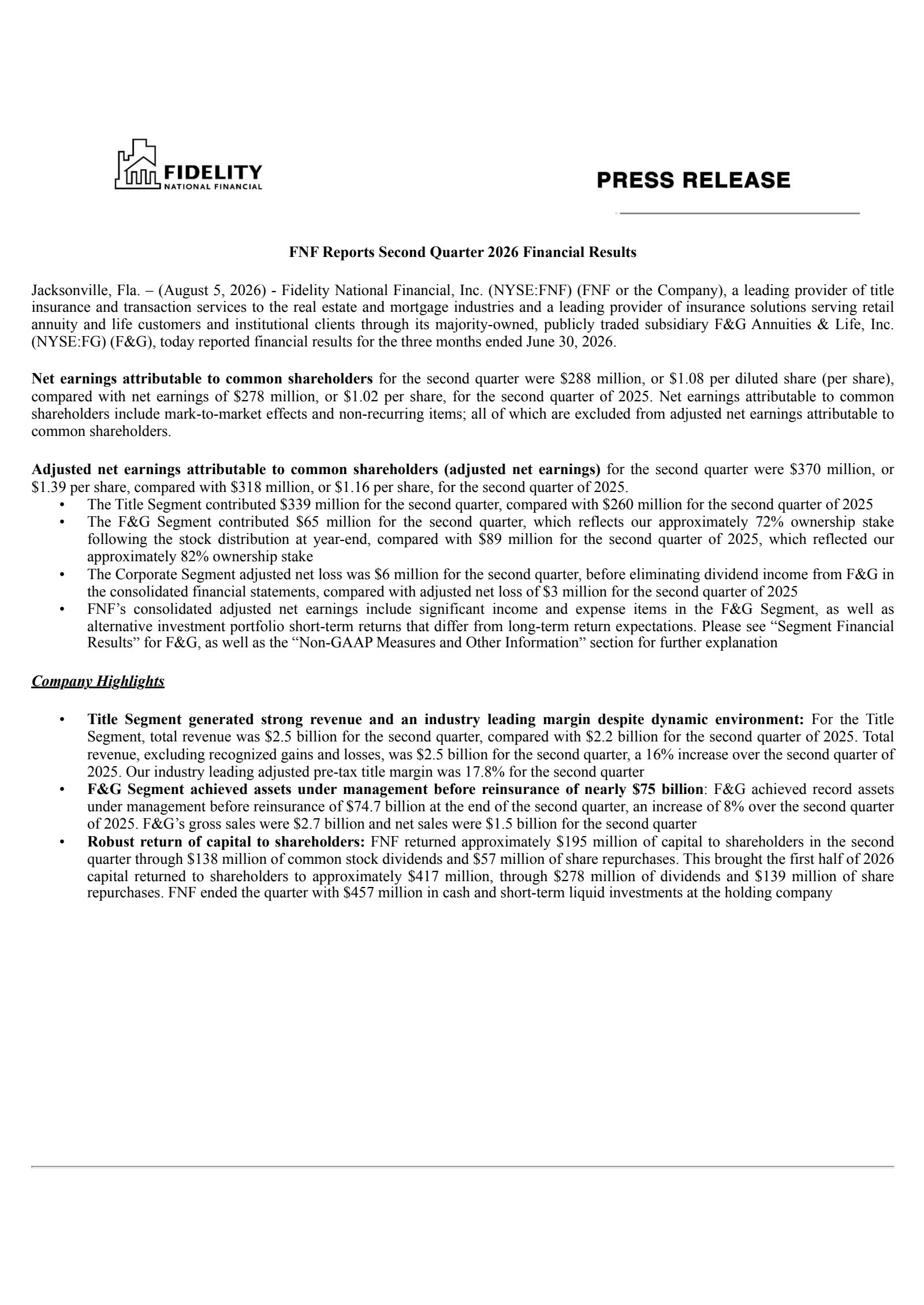 Fidelity National Financial's Q2 2026 Press Release