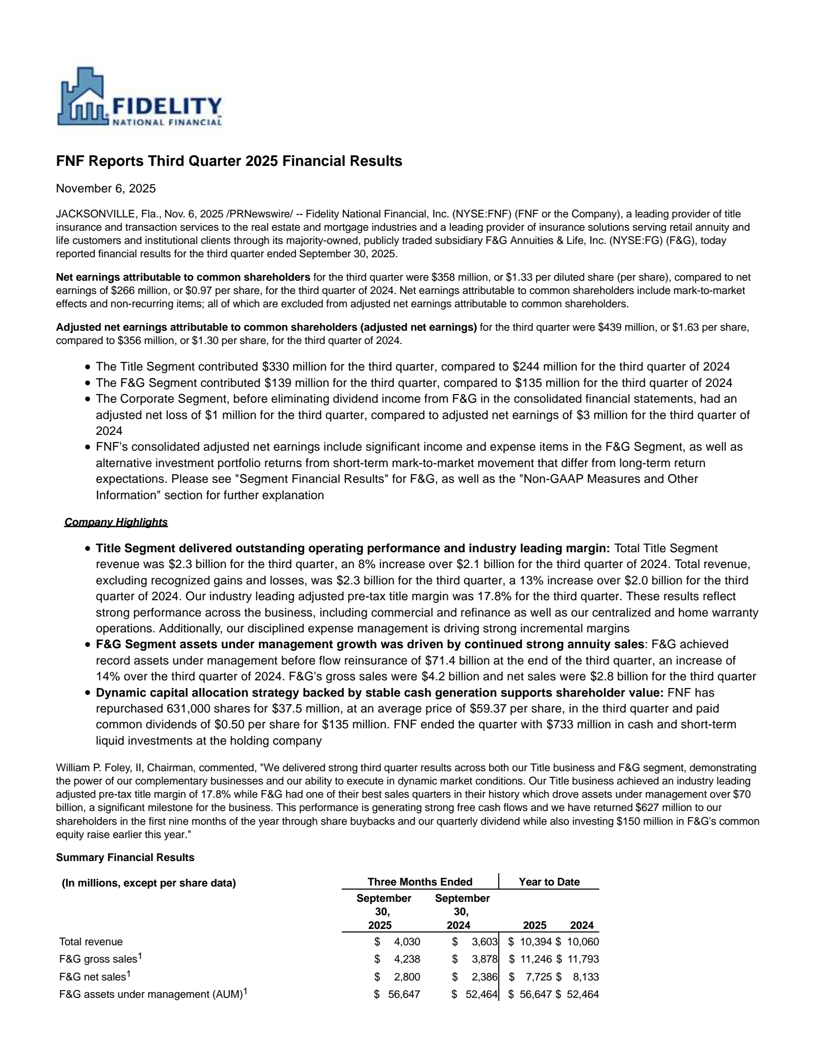Fidelity National Financial's Q3 2025 Press Release