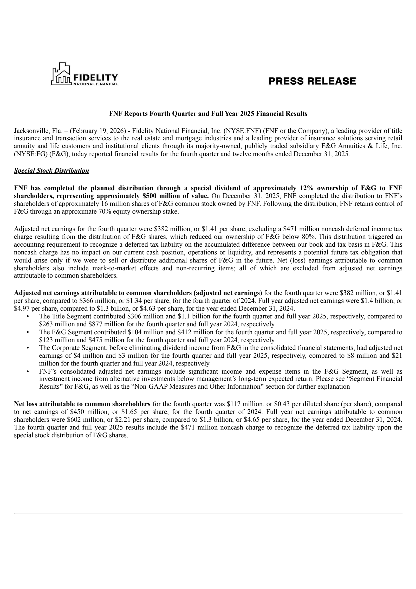 Fidelity National Financial's Q4 2025 Press Release