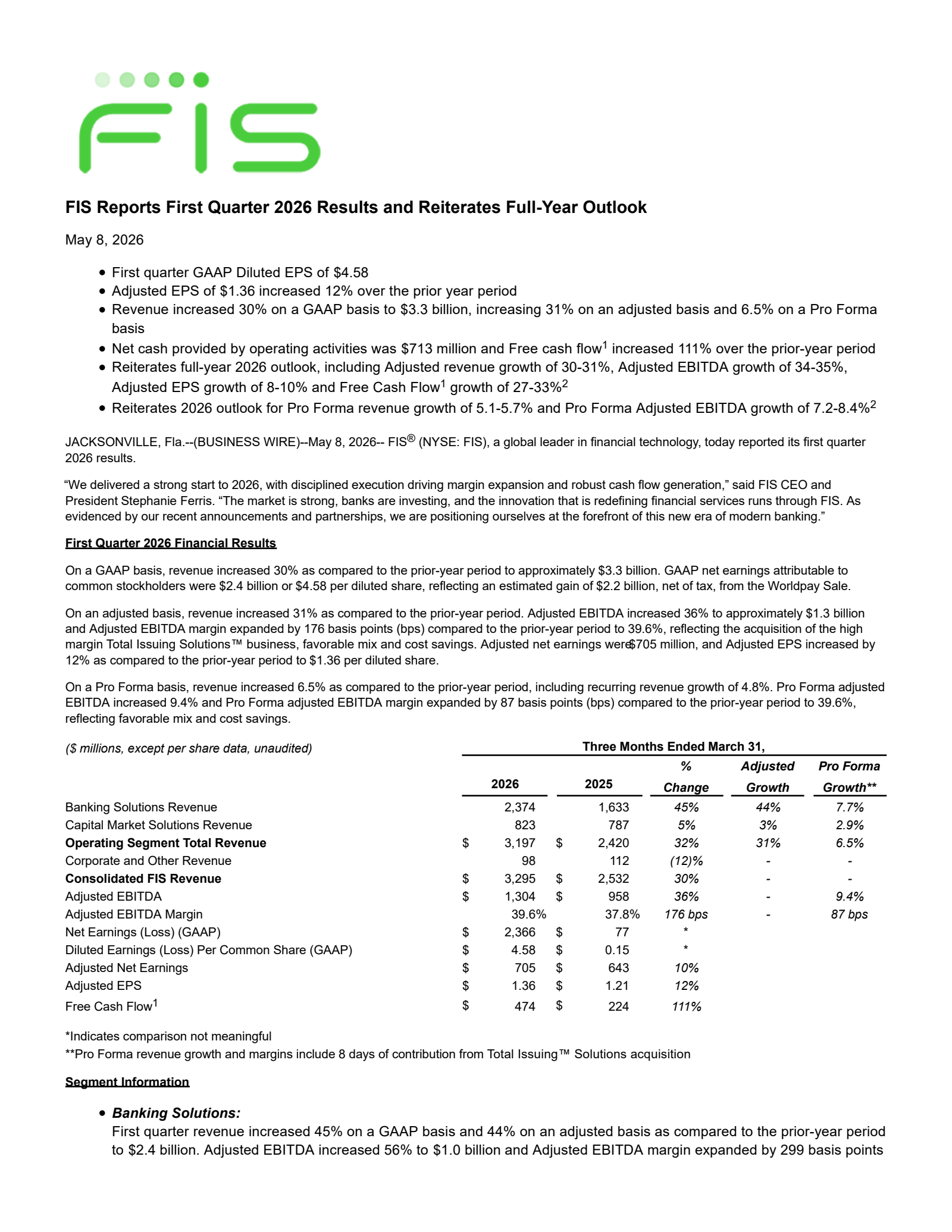 Fidelity National Information Services' Q1 2026 Press Release