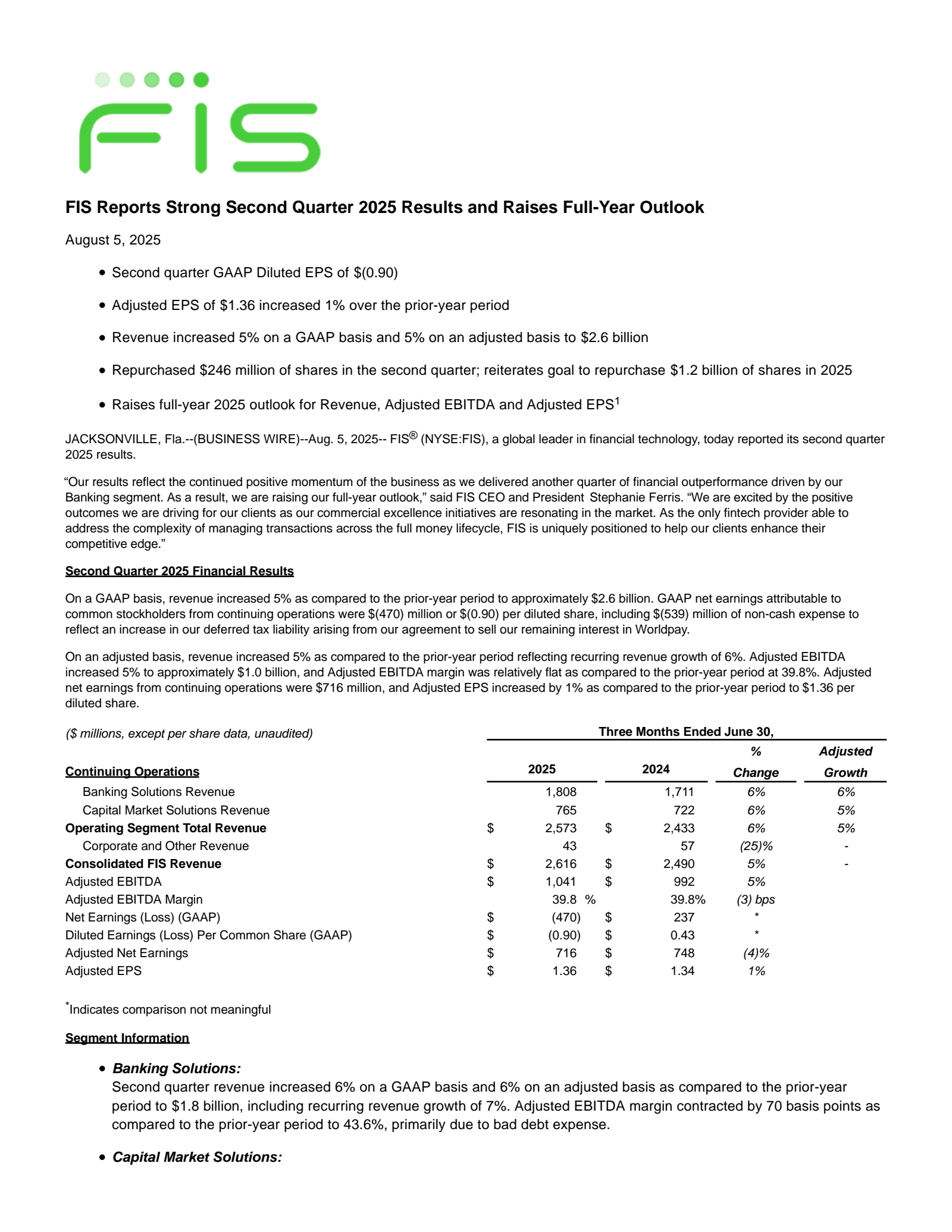 Fidelity National Information Services' Q2 2025 Press Release