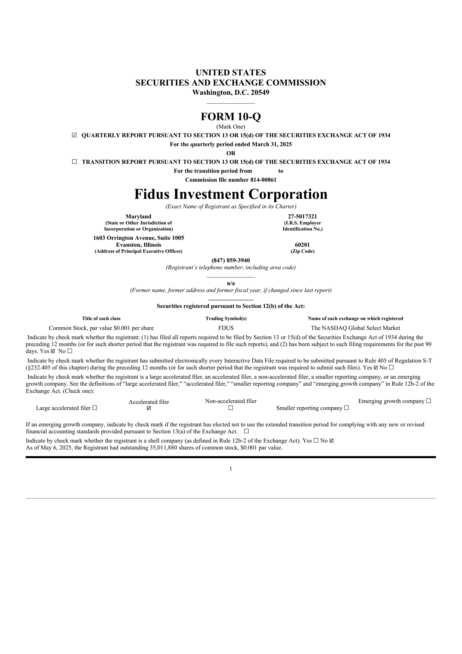 Fidus Investment's Q1 2025 Quarterly Report