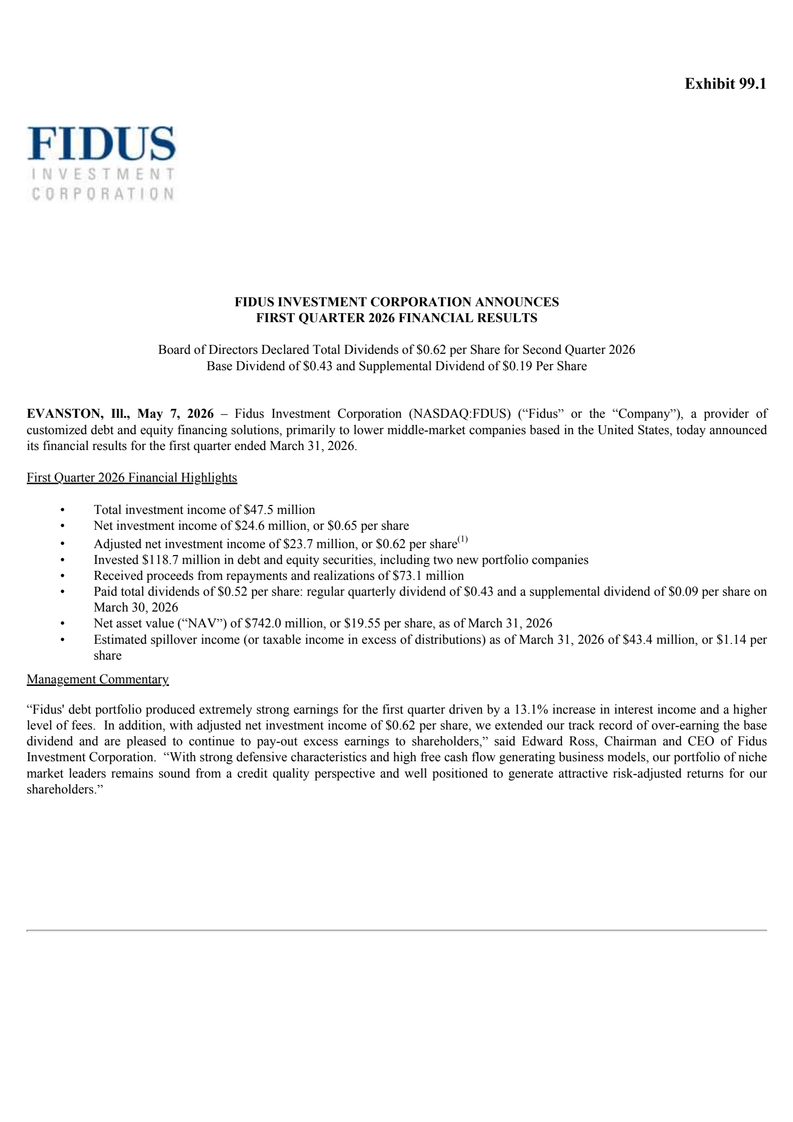 Fidus Investment's Q1 2026 Press Release
