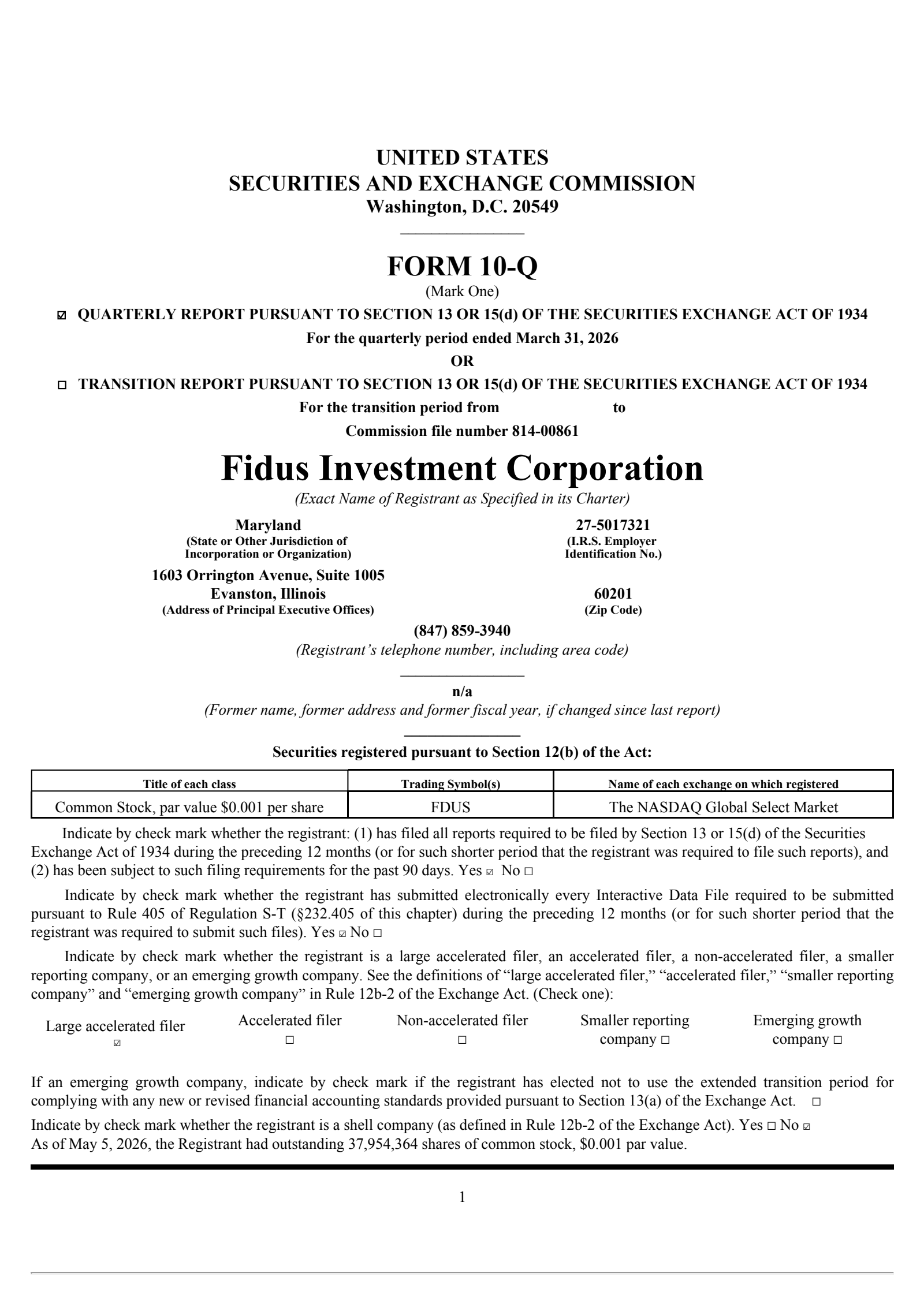 Fidus Investment's Q1 2026 Quarterly report