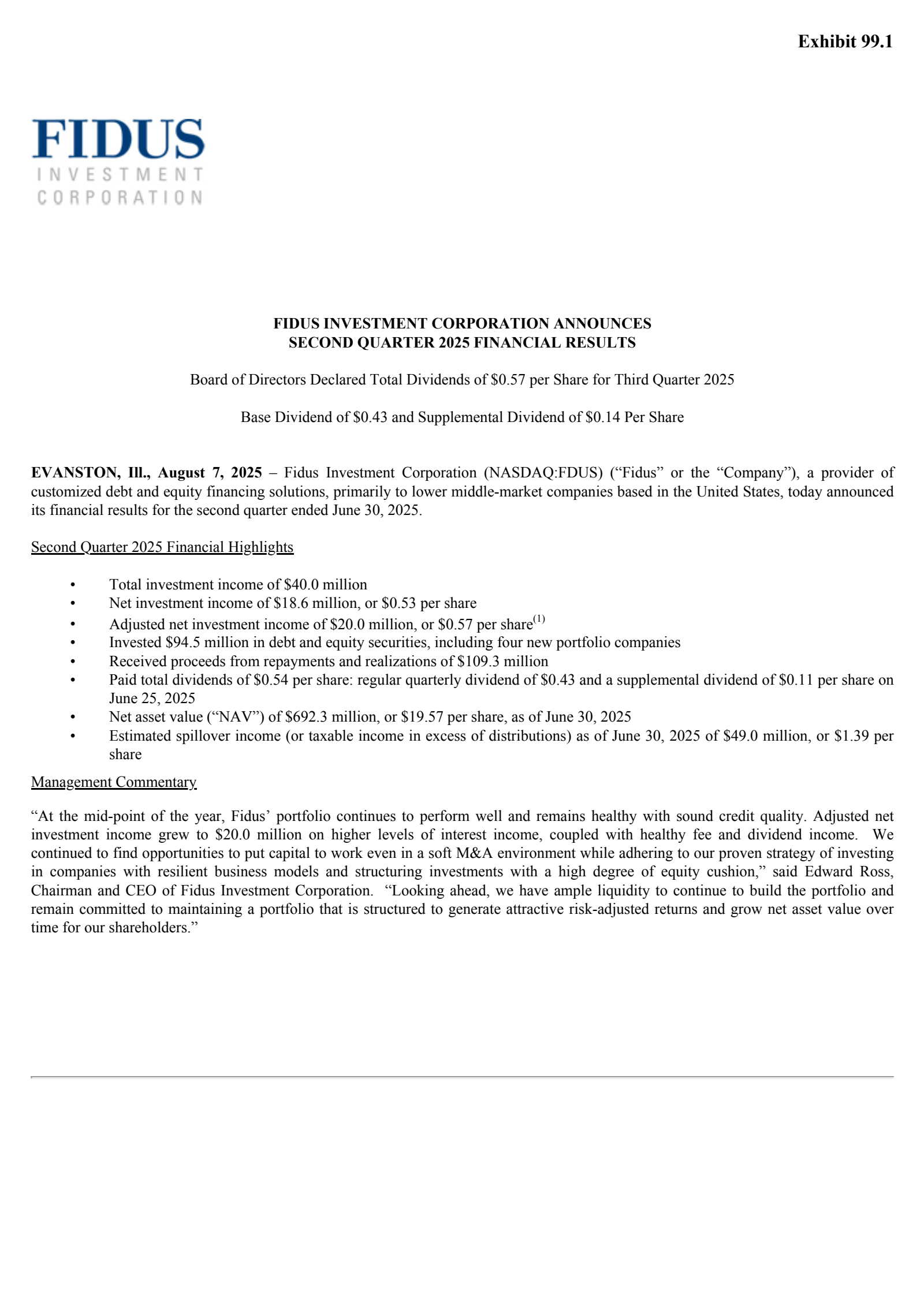 Fidus Investment's Q2 2025 Press Release