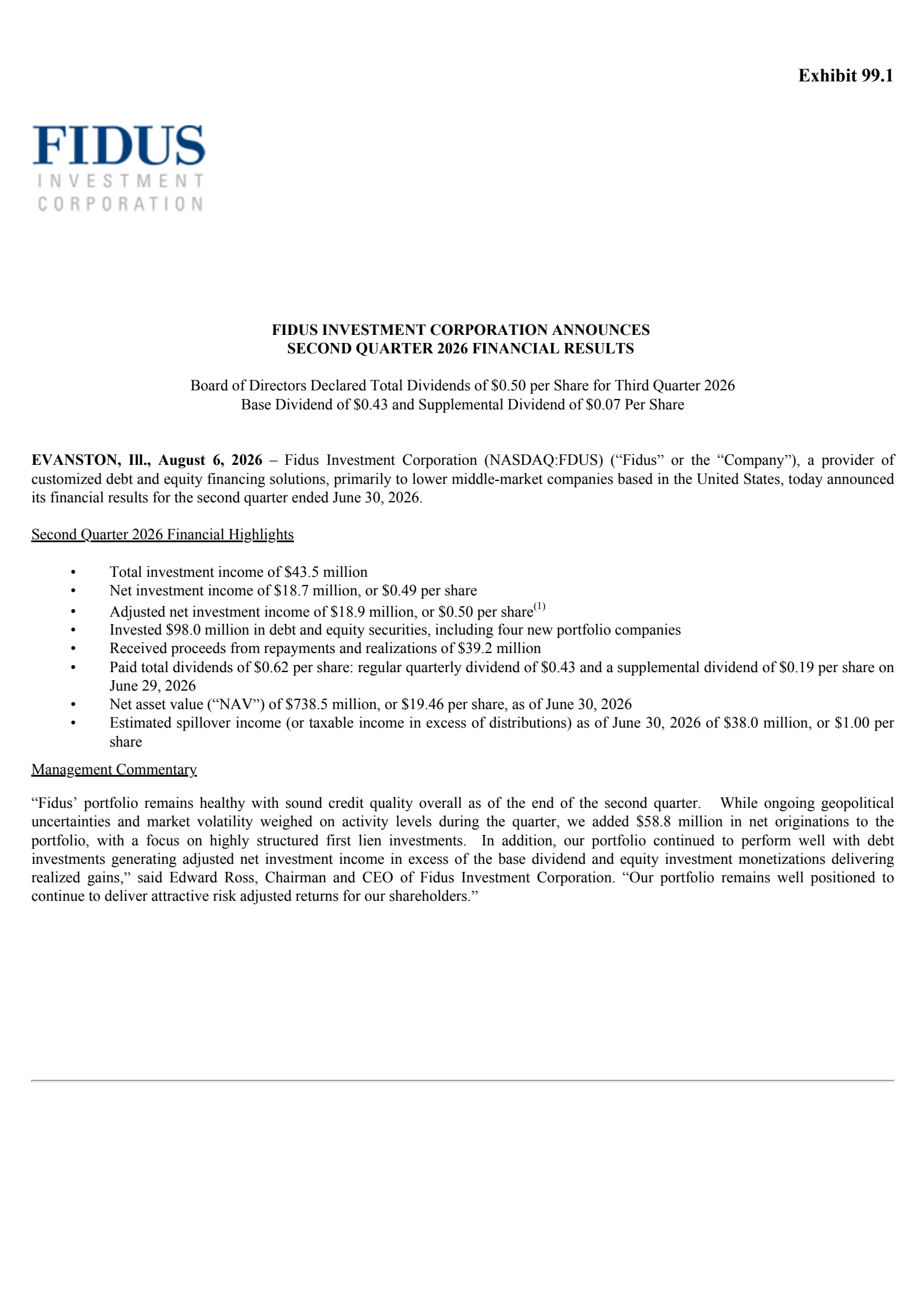 Fidus Investment's Q2 2026 Press Release