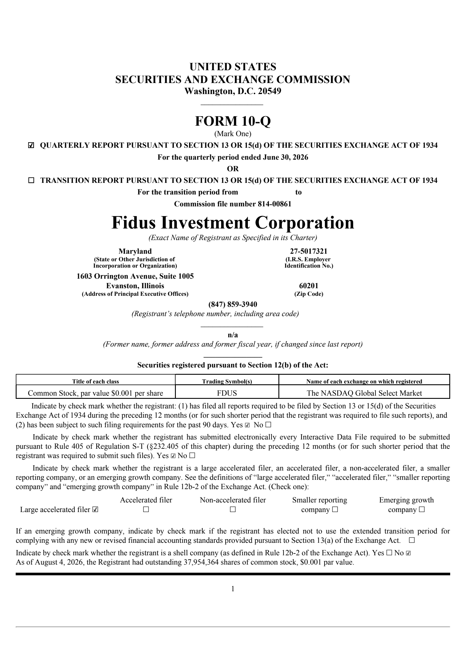 Fidus Investment's Q2 2026 Quarterly report
