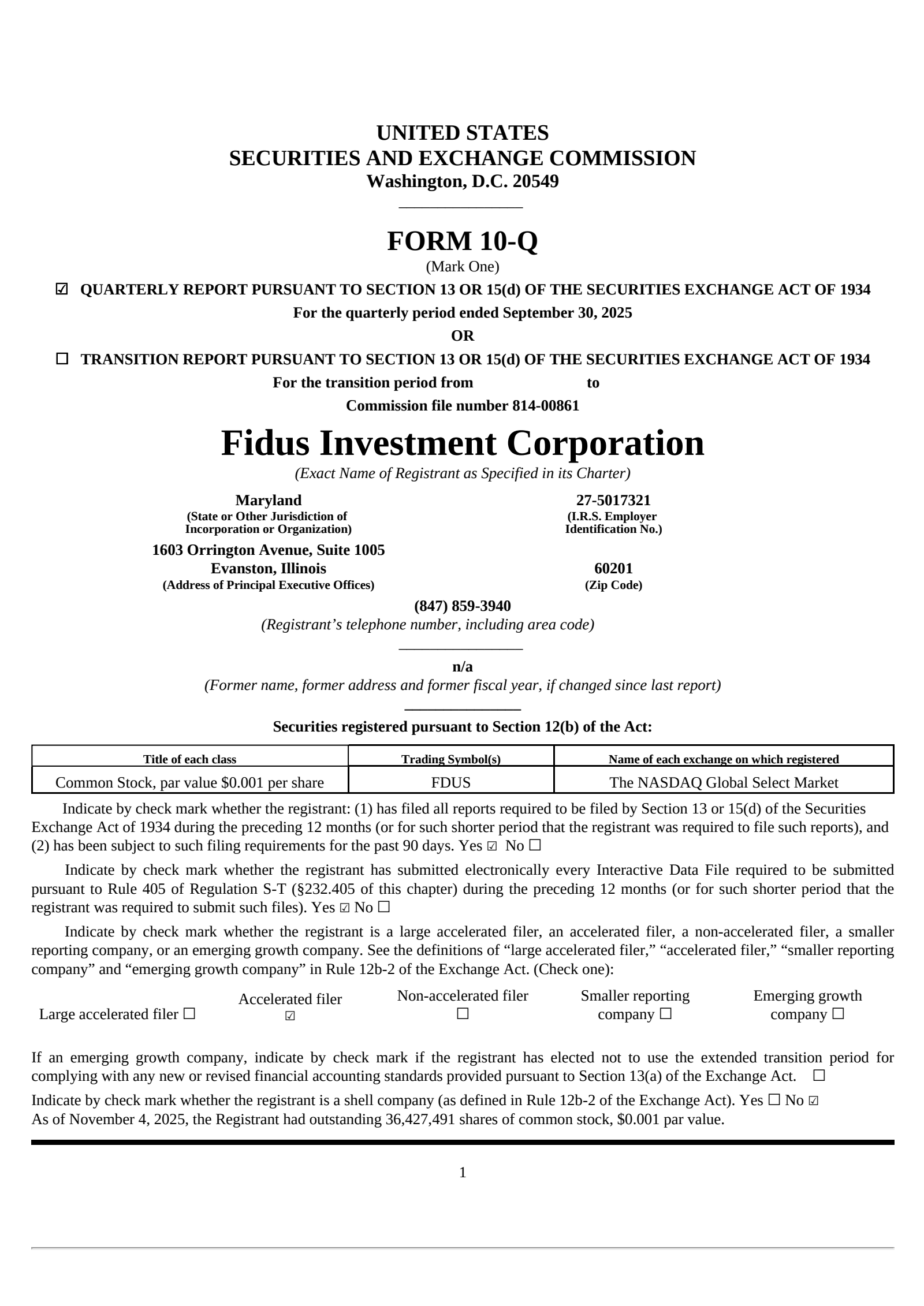 Fidus Investment's Q3 2025 Quarterly Report