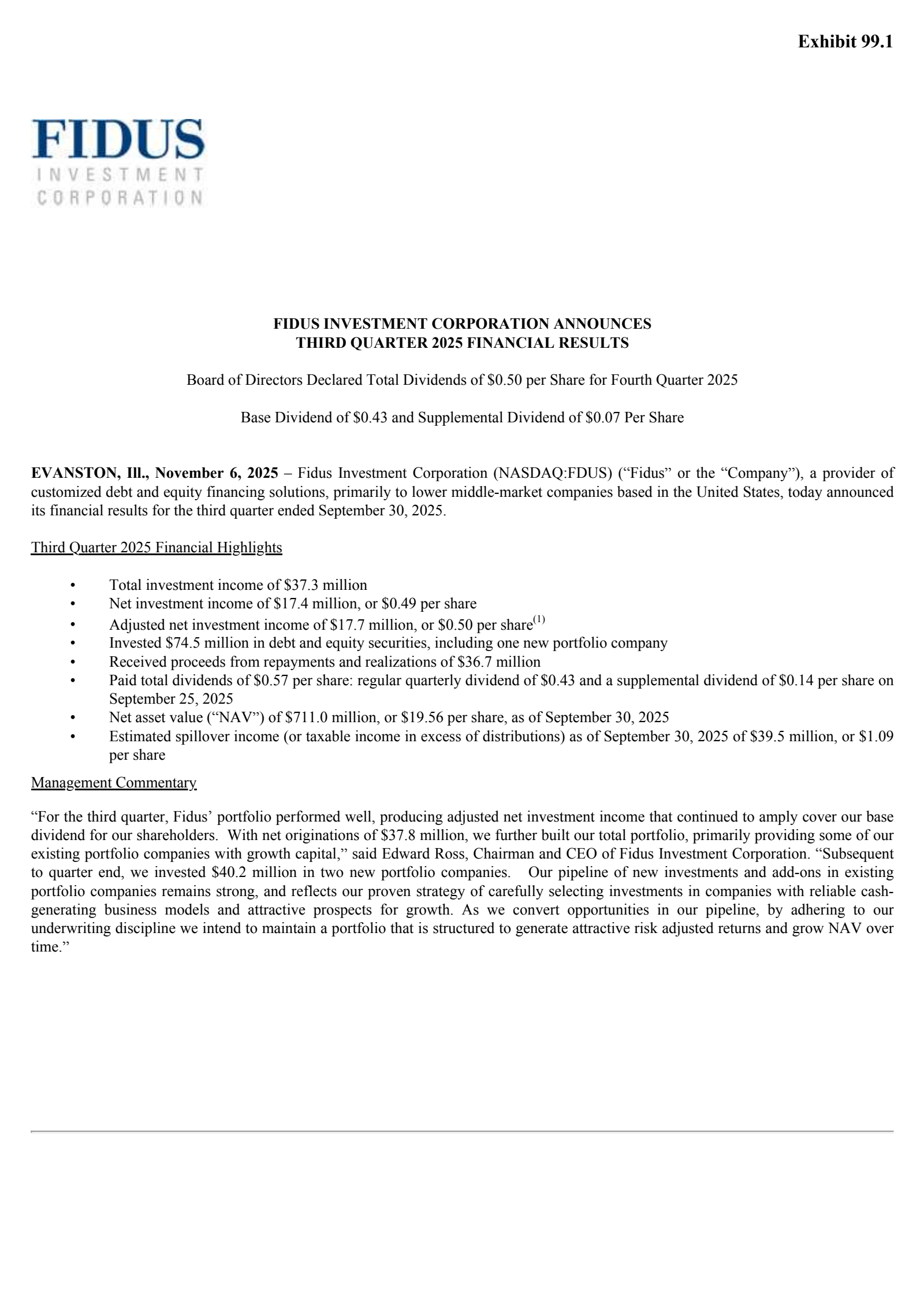 Fidus Investment's Q3 2025 Earnings Release