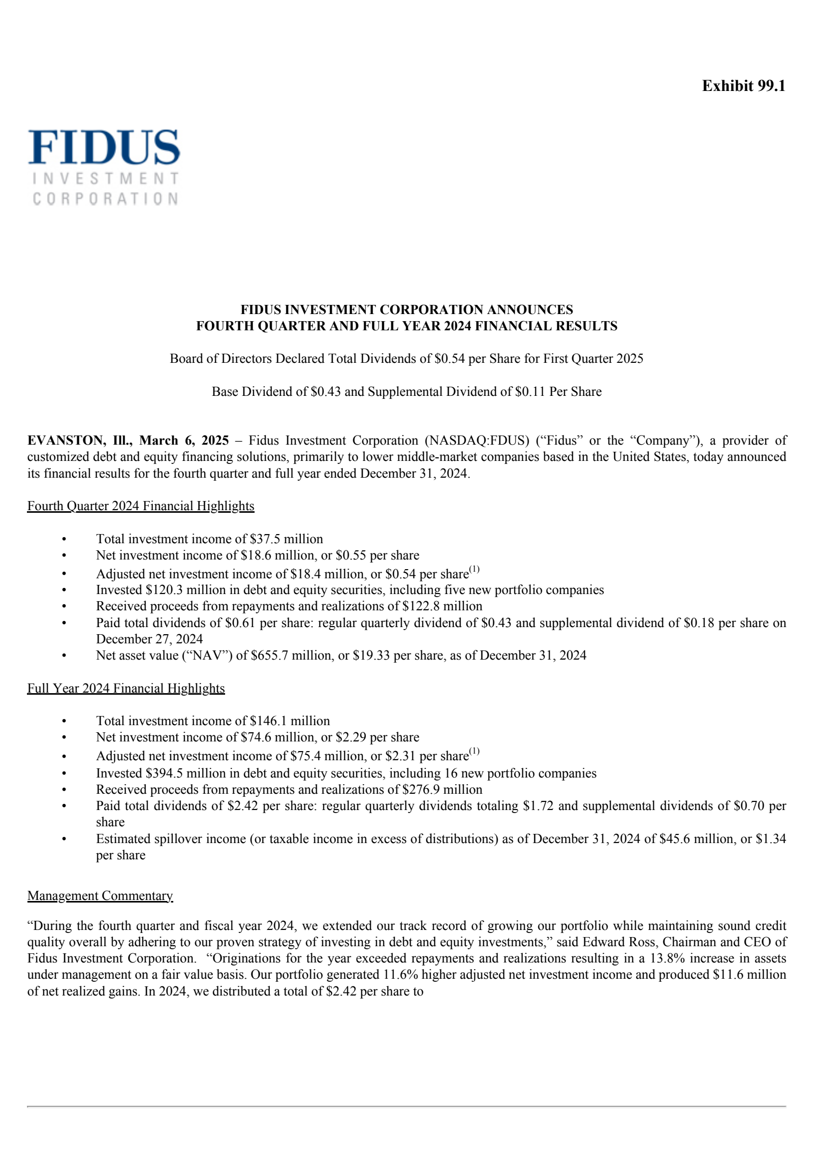 Fidus Investment's Q4 2024 Press Release