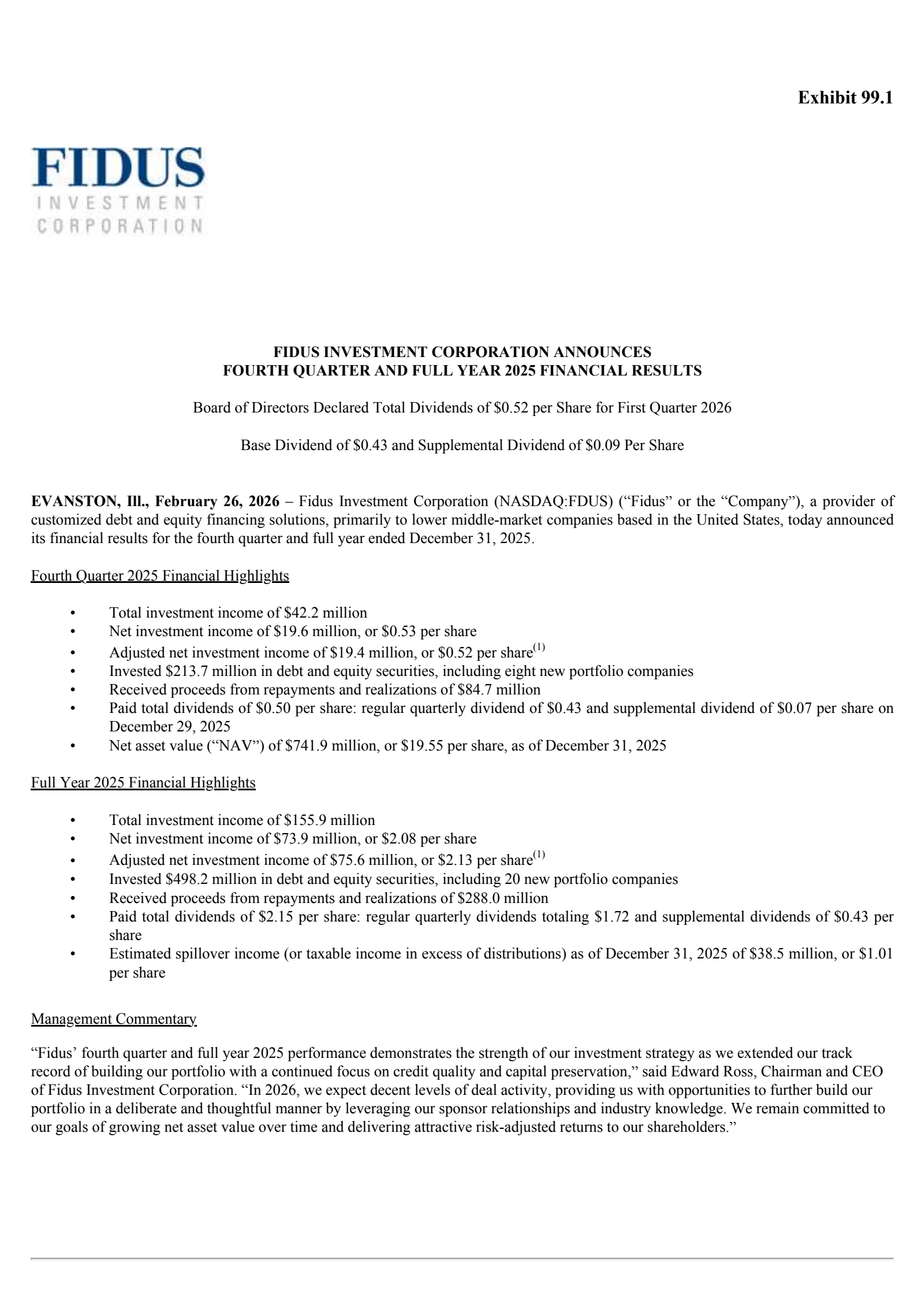 Fidus Investment's Q4 2025 Press Release