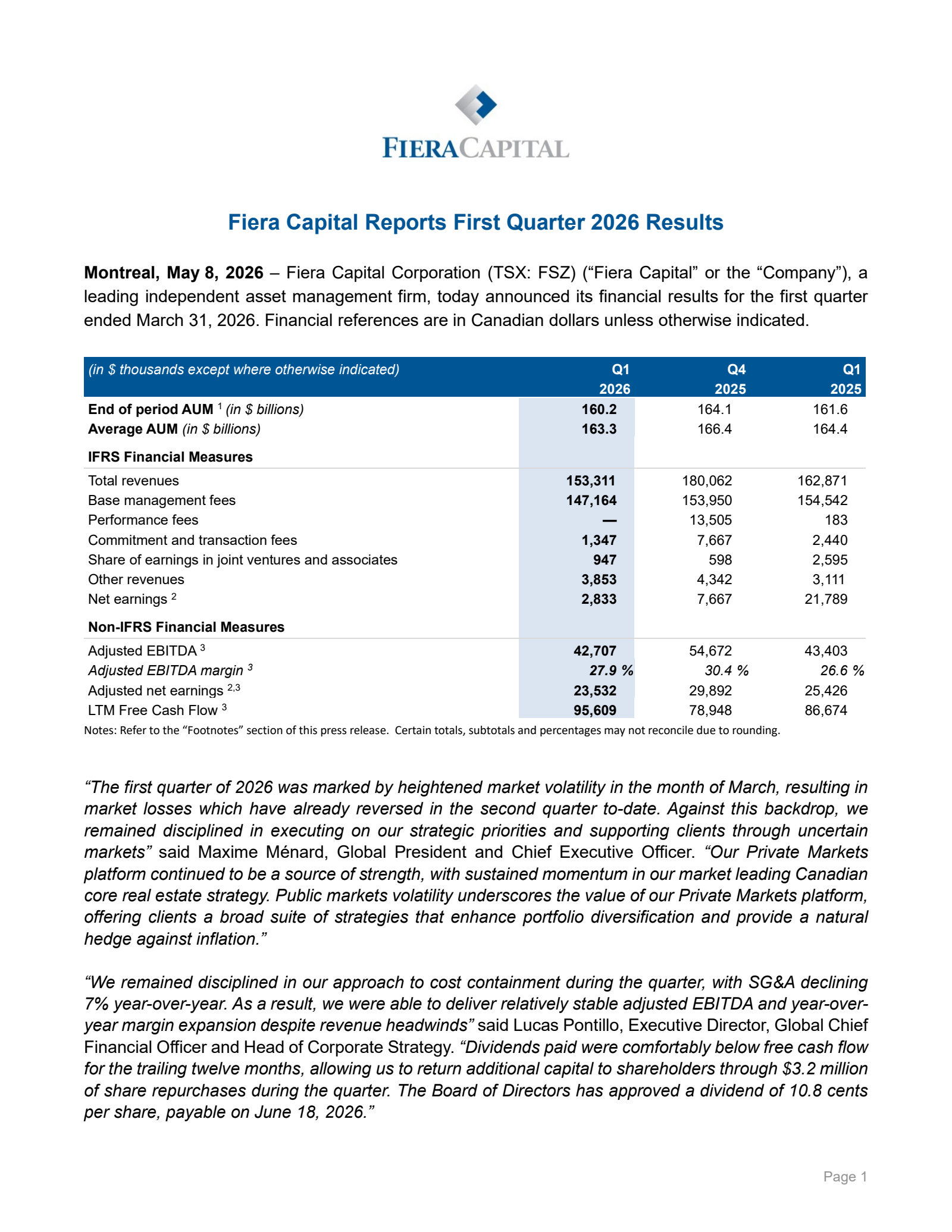 Fiera Capital's Q1 2026 Press Release