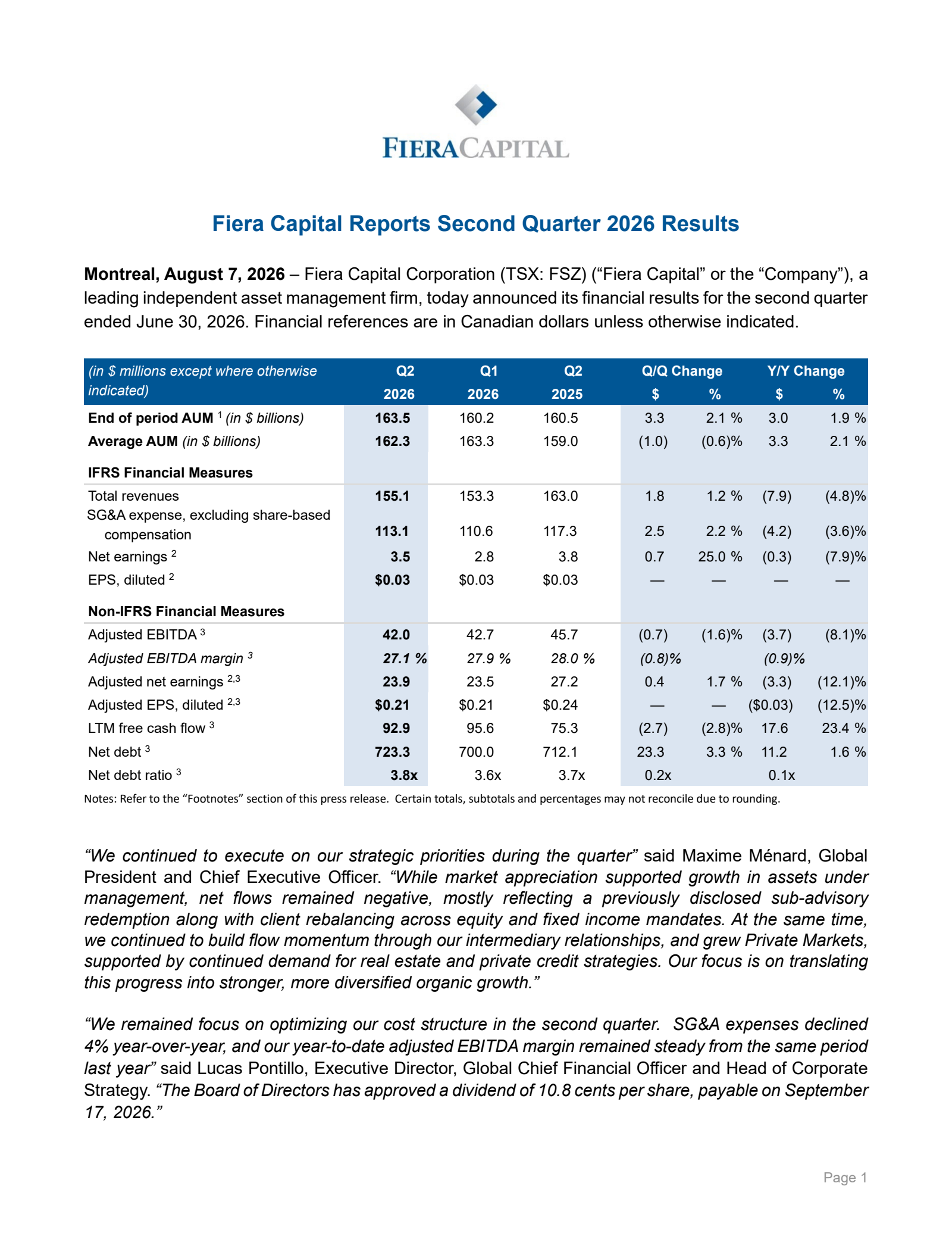 Fiera Capital's Q2 2026 Press Release