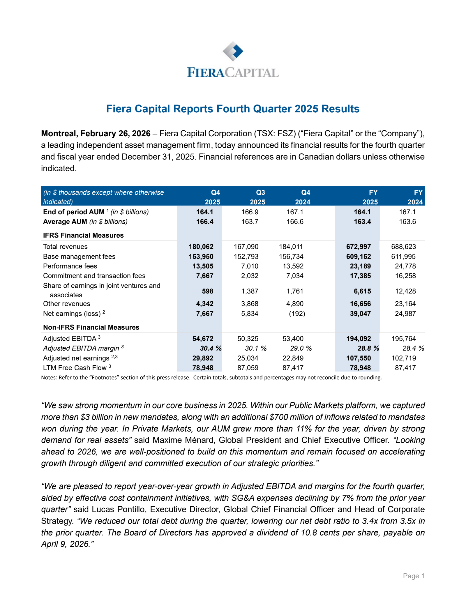 Fiera Capital's Q4 2025 Press Release