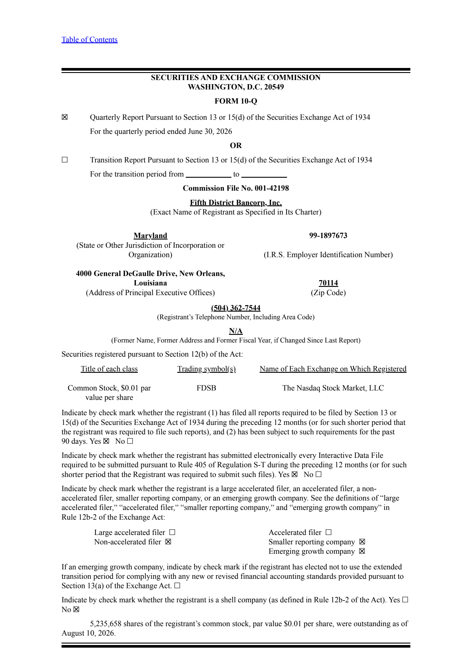 Fifth District Bancorp's Q2 2026 Quarterly report