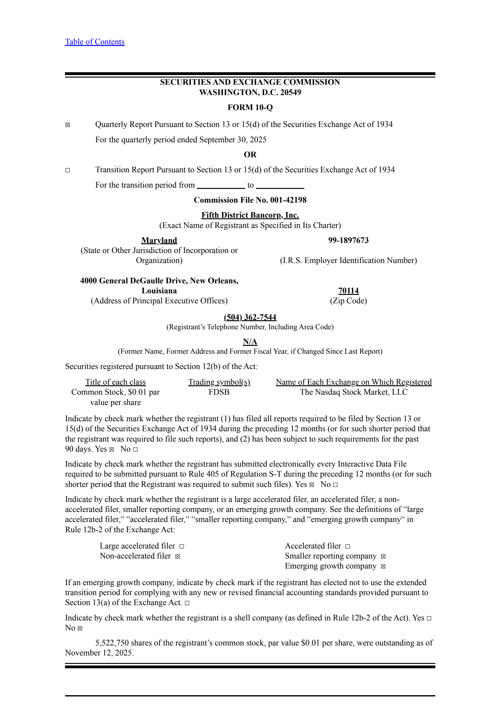 Fifth District Bancorp's Q3 2025 Quarterly Report