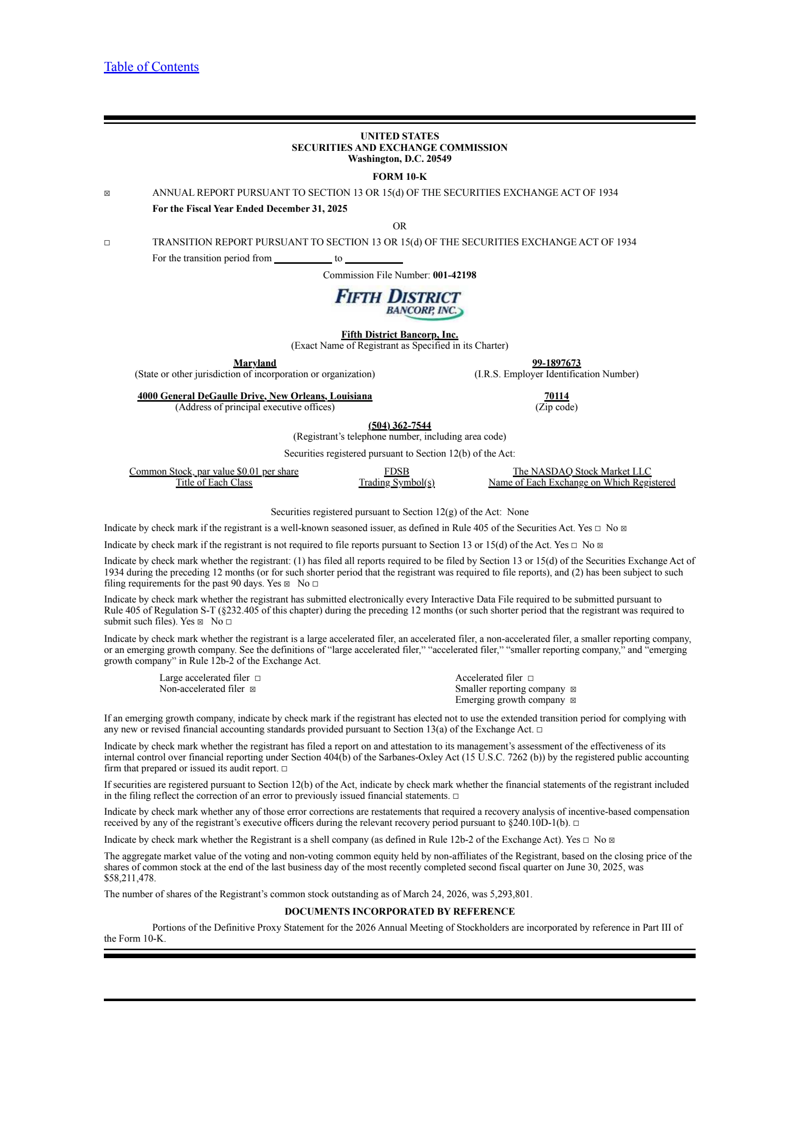 Fifth District Bancorp's Q4 2025 Annual report