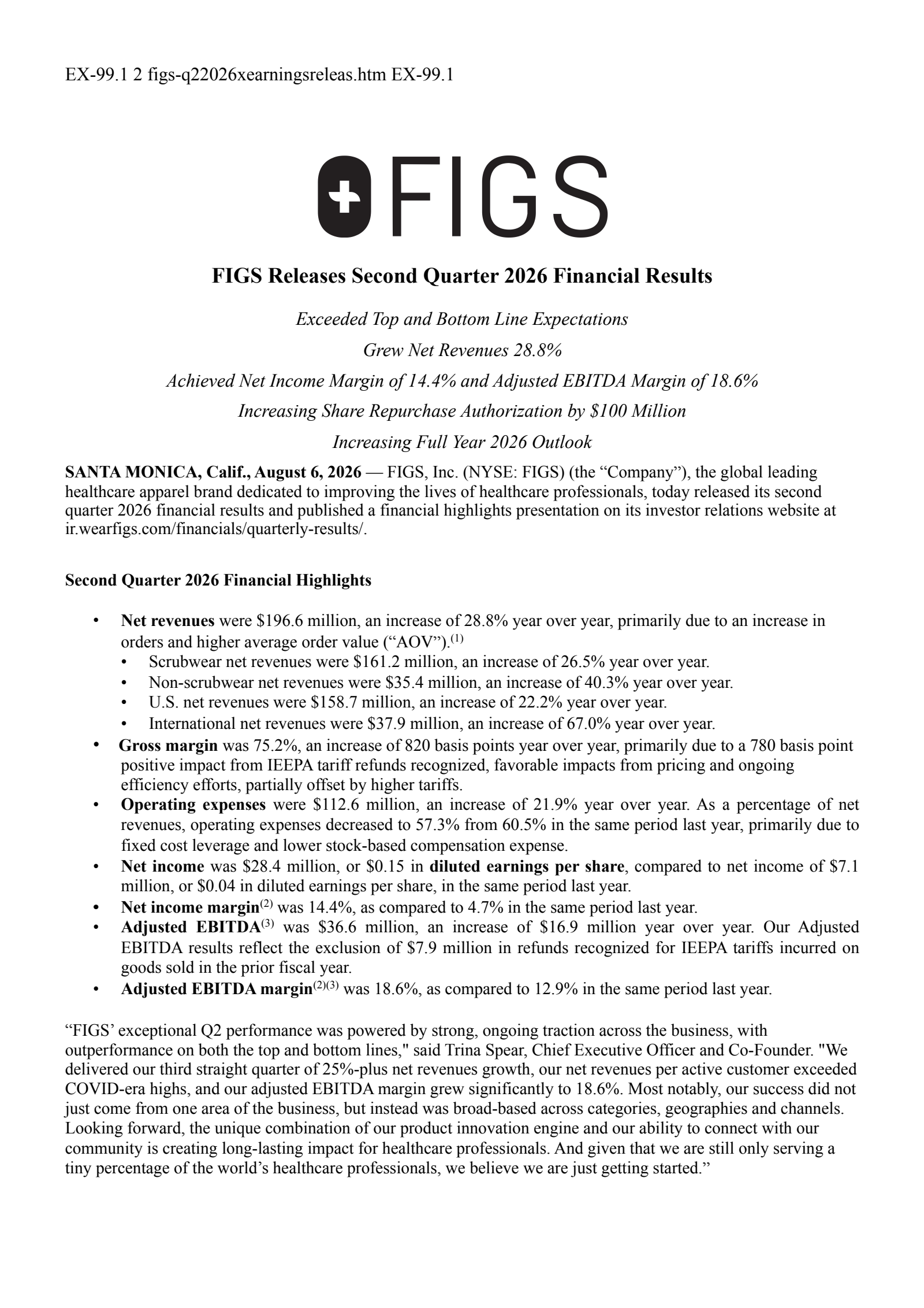 FIGS's Q2 2026 Press Release