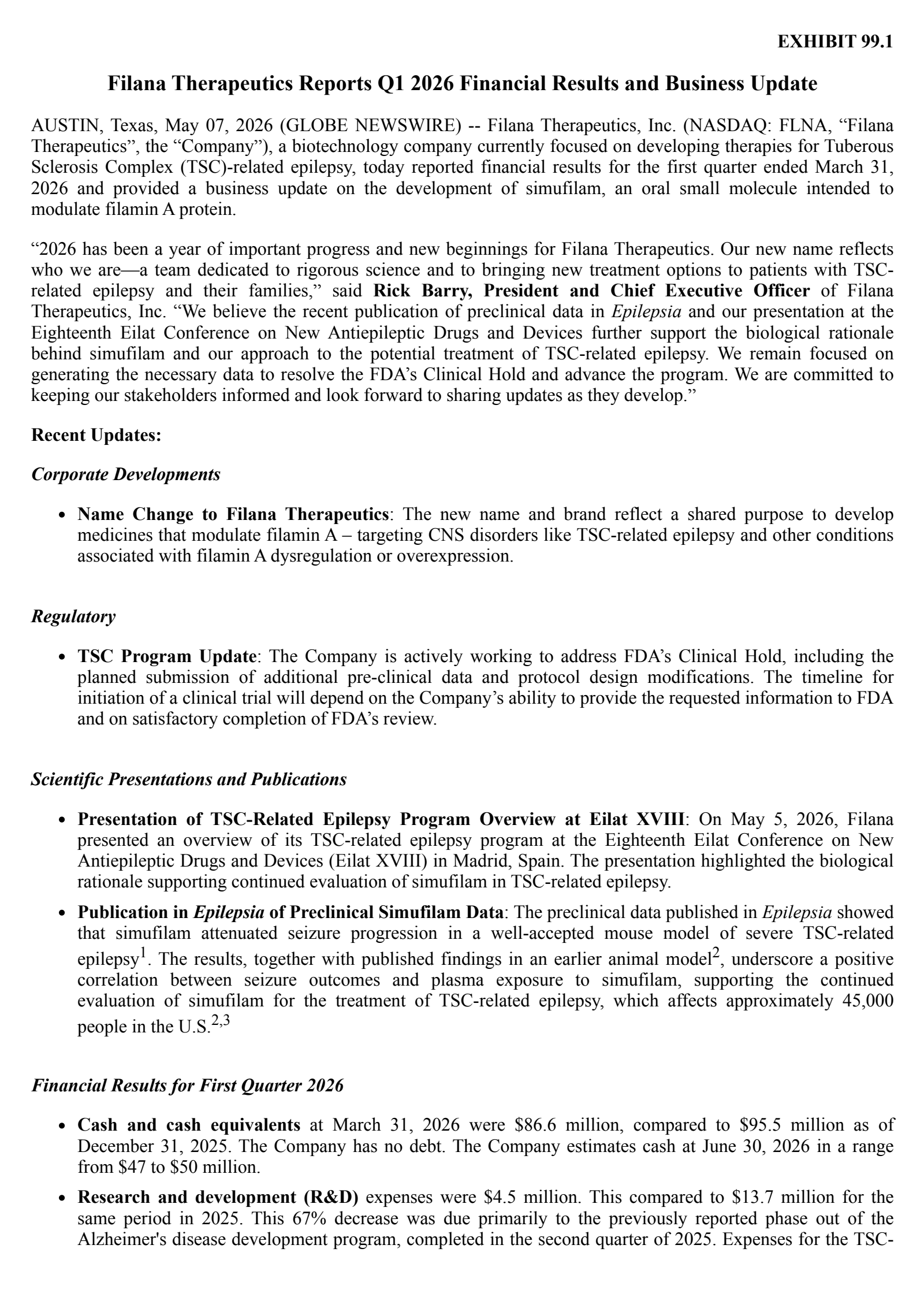 Cassava Sciences' Q1 2026 Press Release