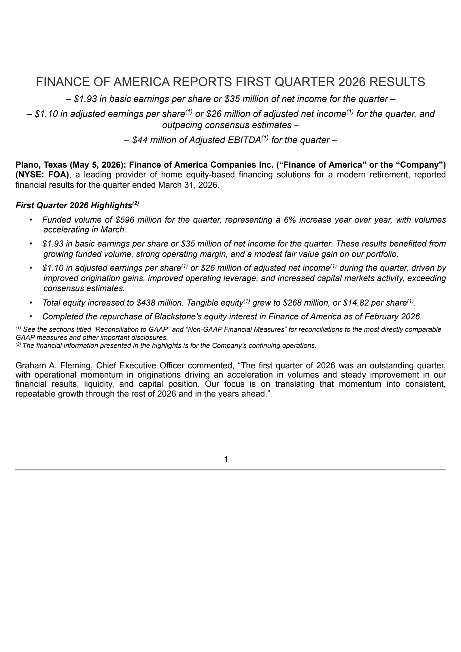 Finance of America Companies' Q1 2026 Press Release