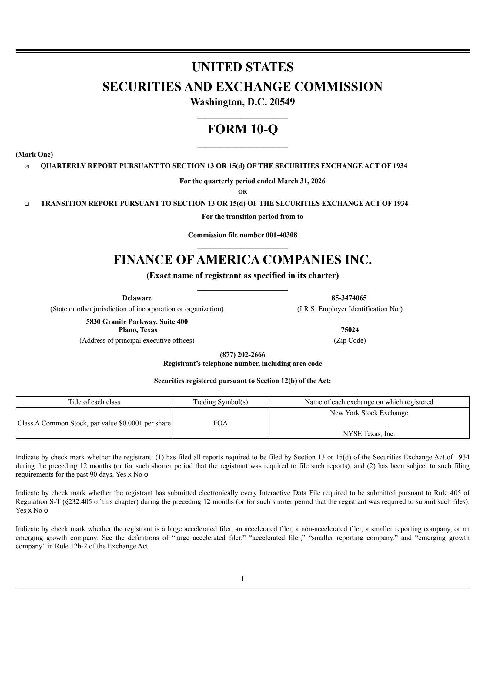 Finance of America Companies' Q1 2026 Quarterly report