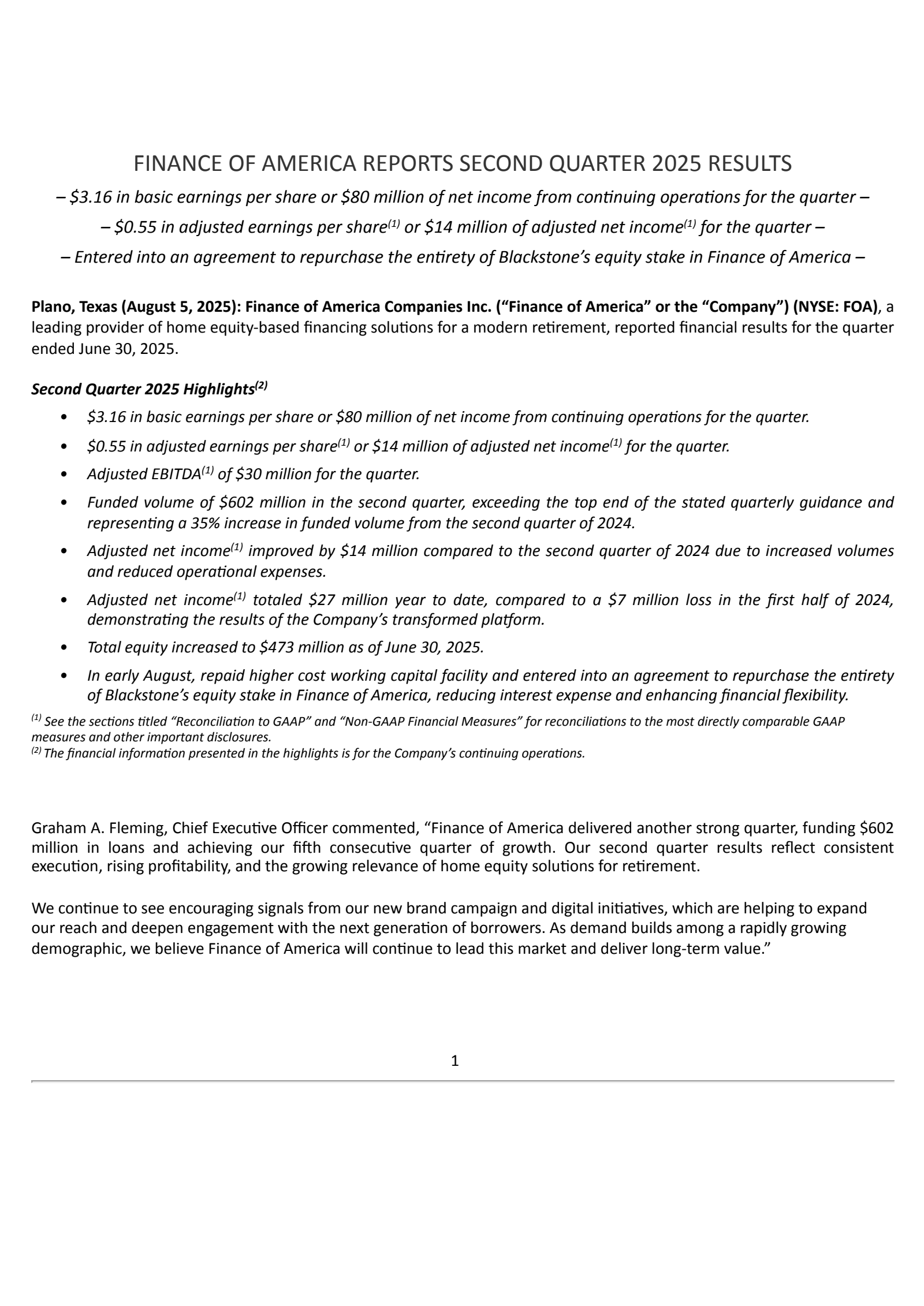 Finance of America Companies' Q2 2025 Press Release