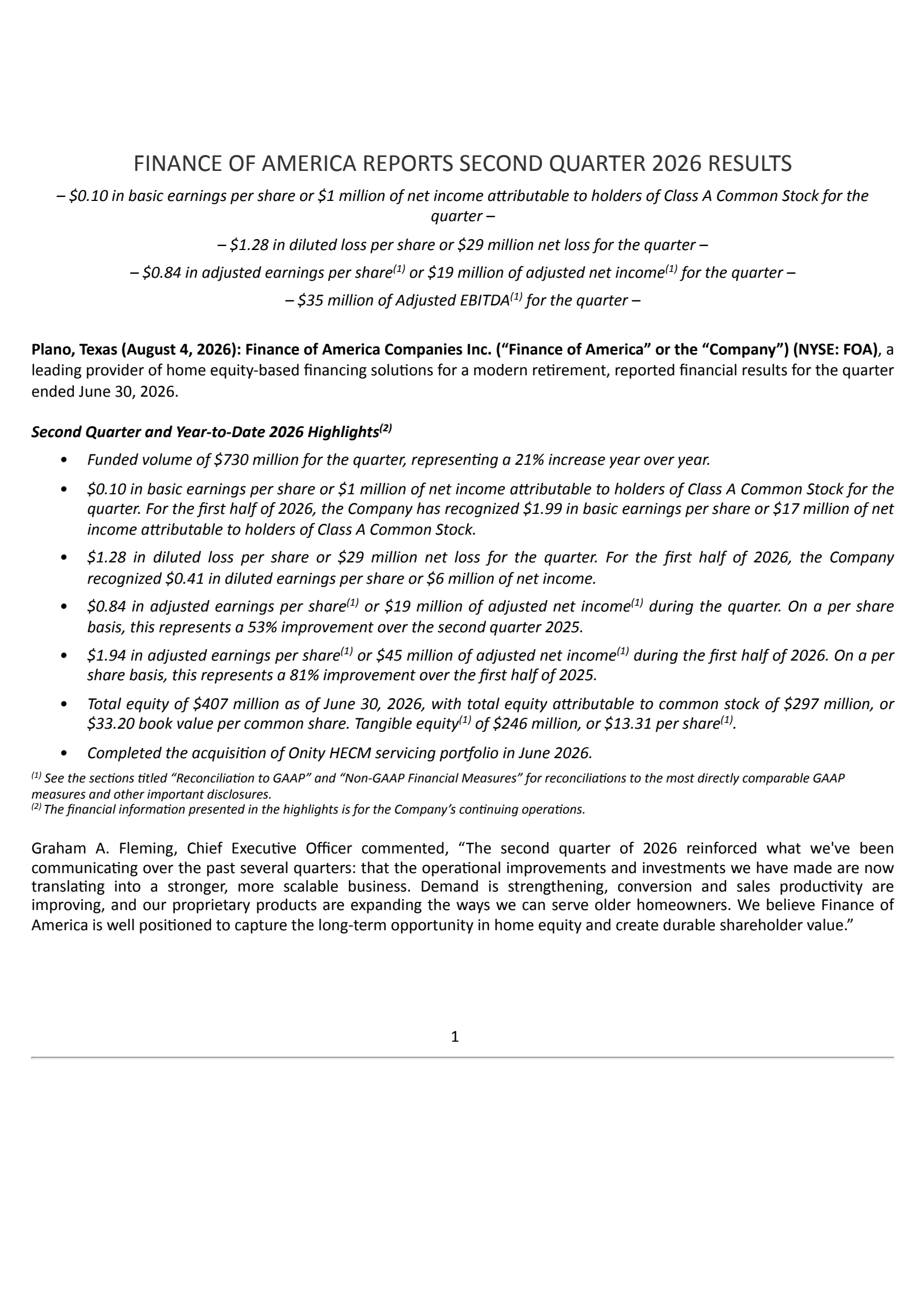 Finance of America Companies' Q2 2026 Press Release