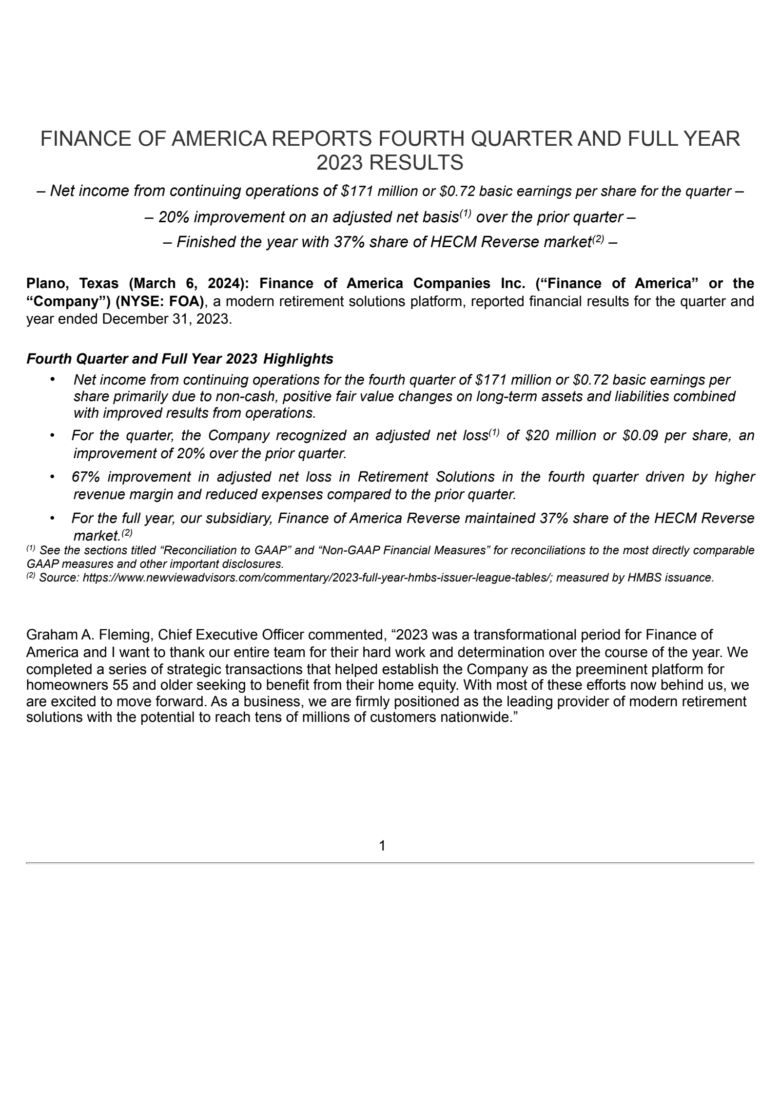 Finance of America Companies' Q4 2023 Press Release