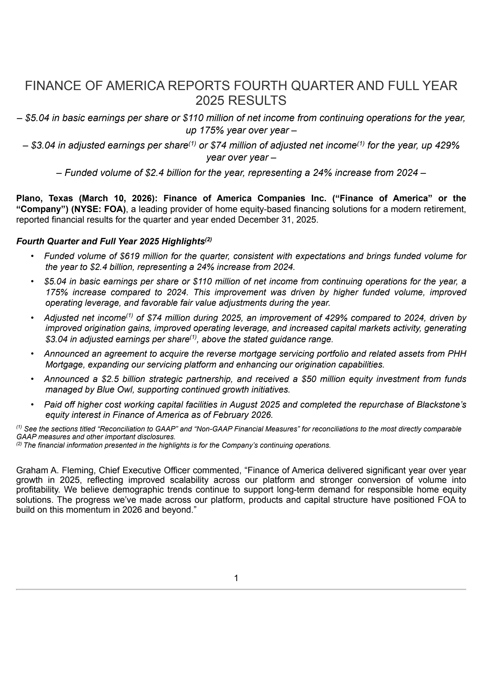 Finance of America Companies' Q4 2025 Press Release