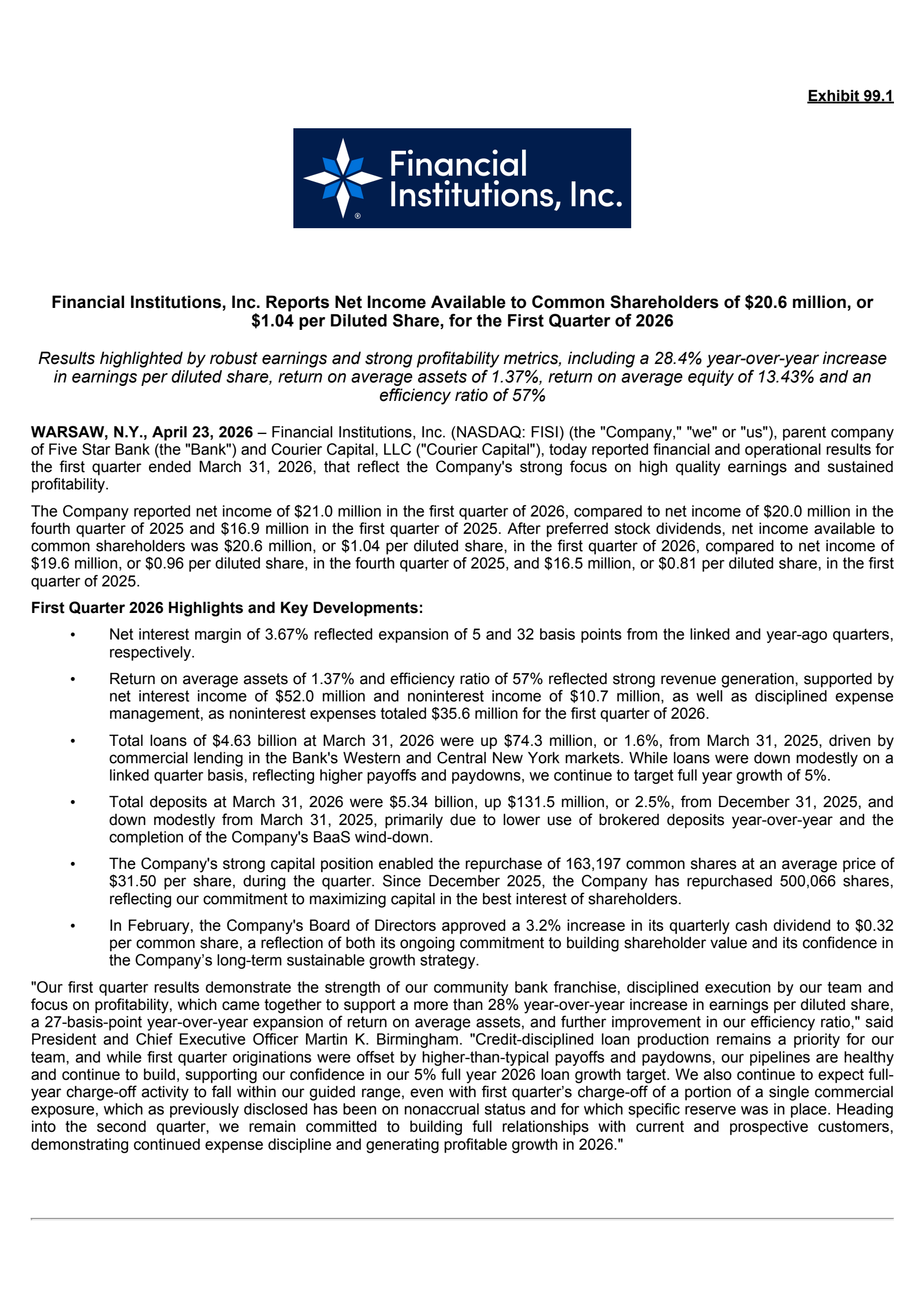 Financial Institutions' Q1 2026 Press Release