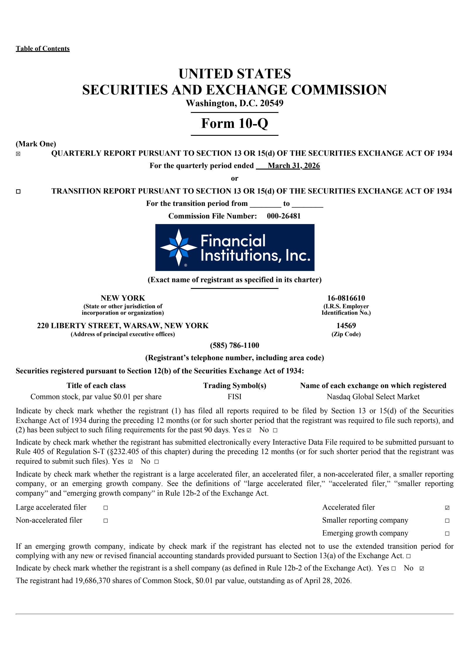 Financial Institutions' Q1 2026 Quarterly report