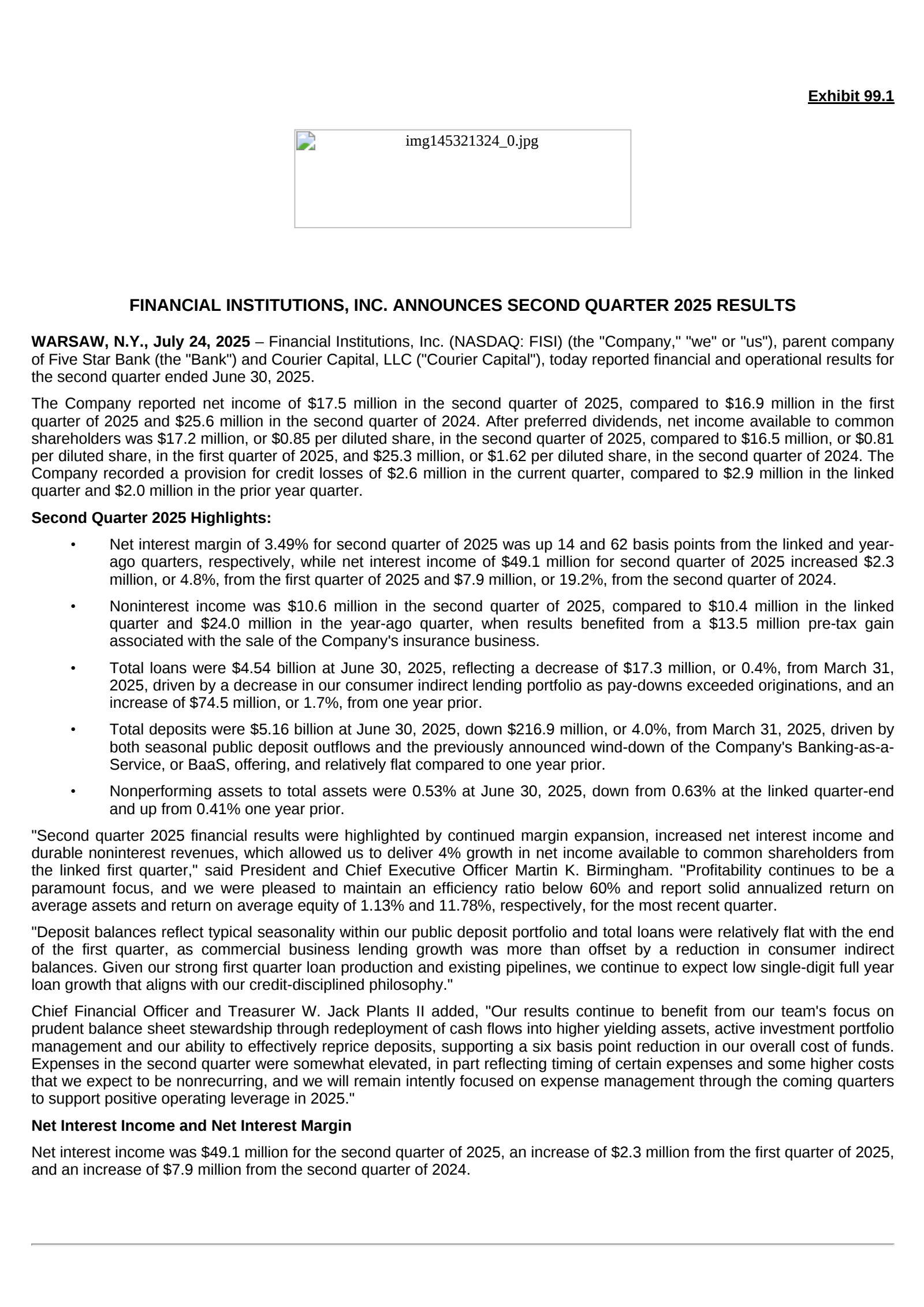 Financial Institutions' Q2 2025 Press Release