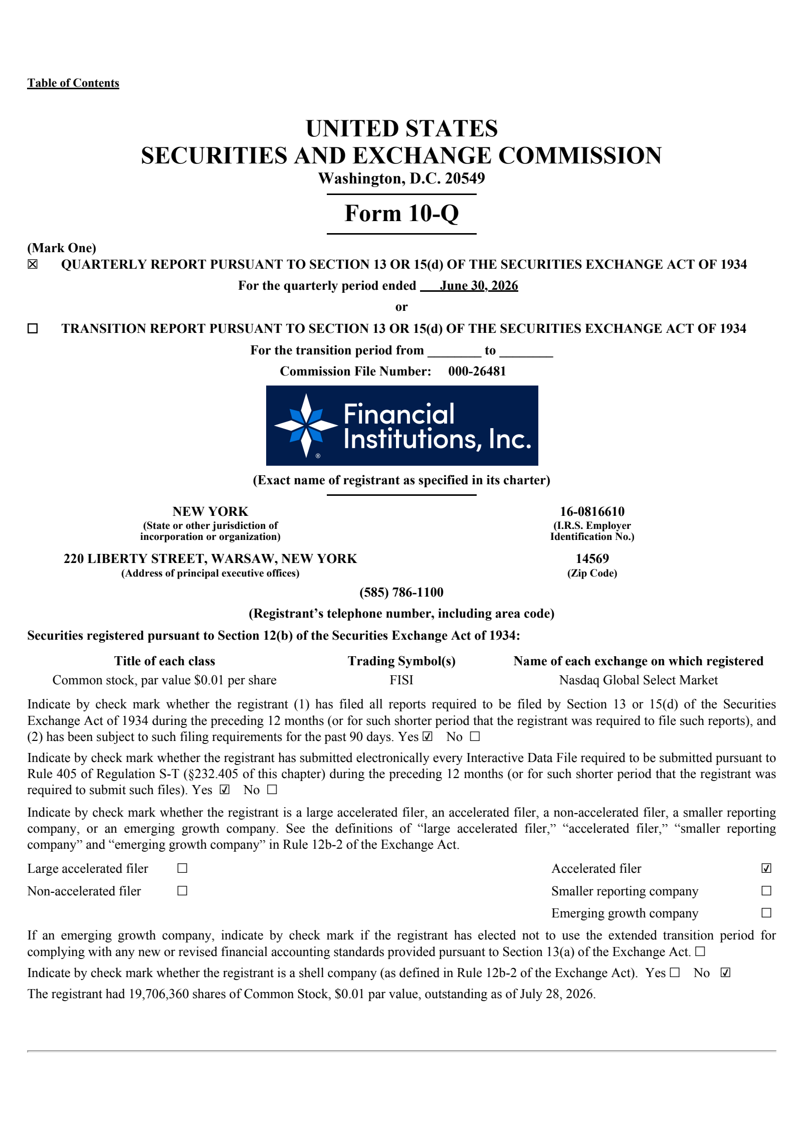 Financial Institutions' Q2 2026 Quarterly report