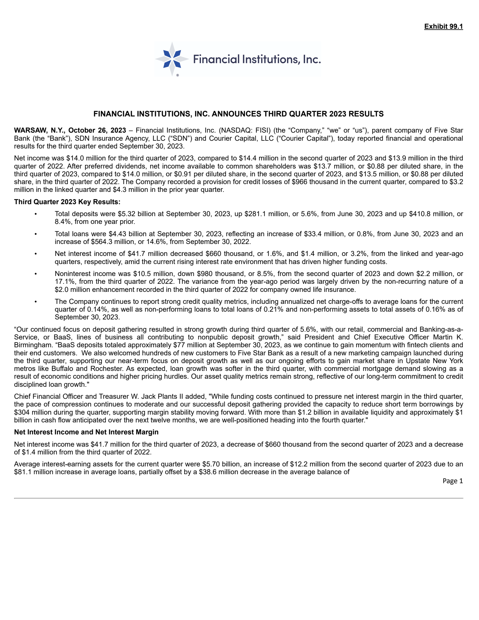 Financial Institutions' Q3 2023 Press Release