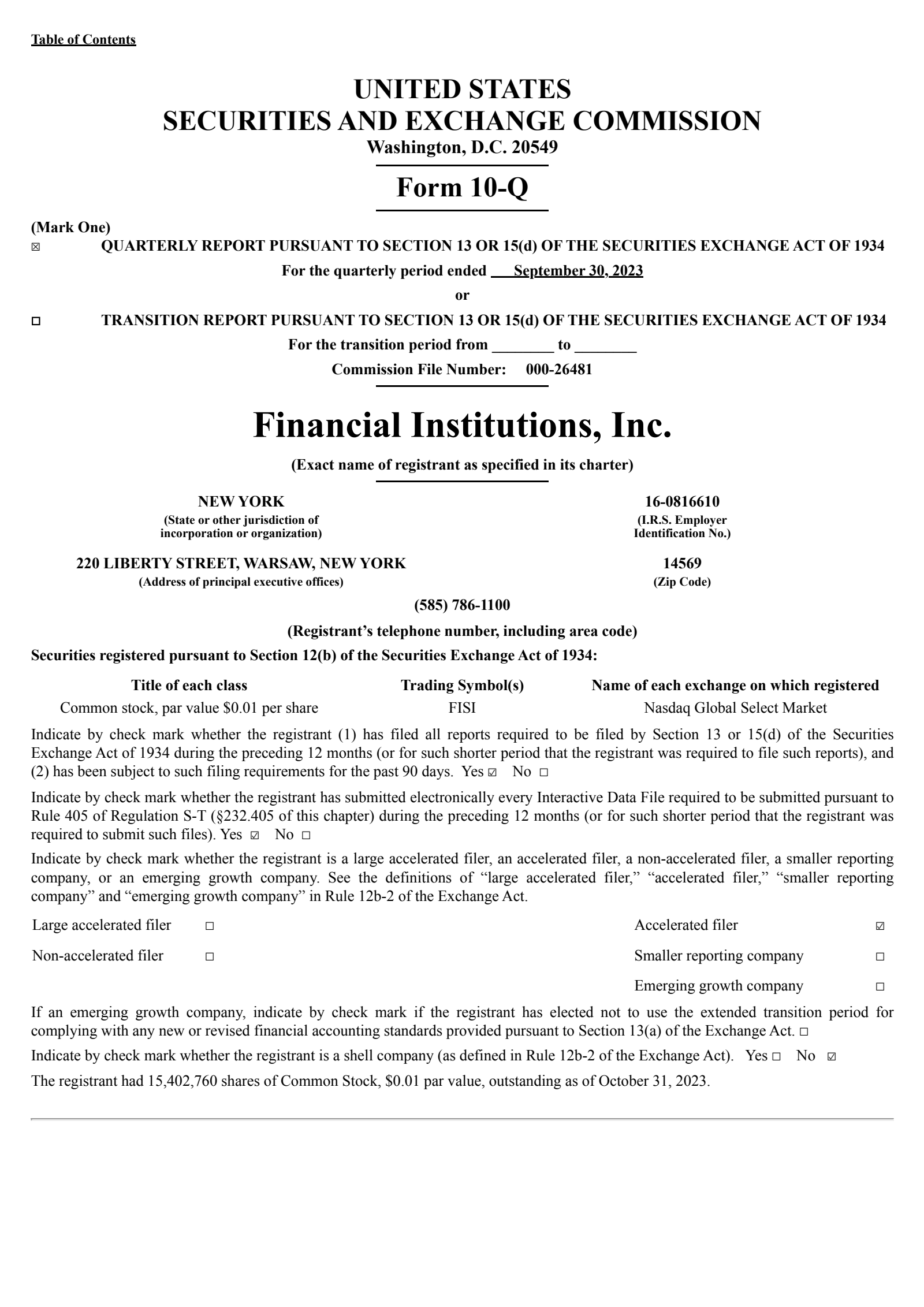 Financial Institutions' Q3 2023 Quarterly report