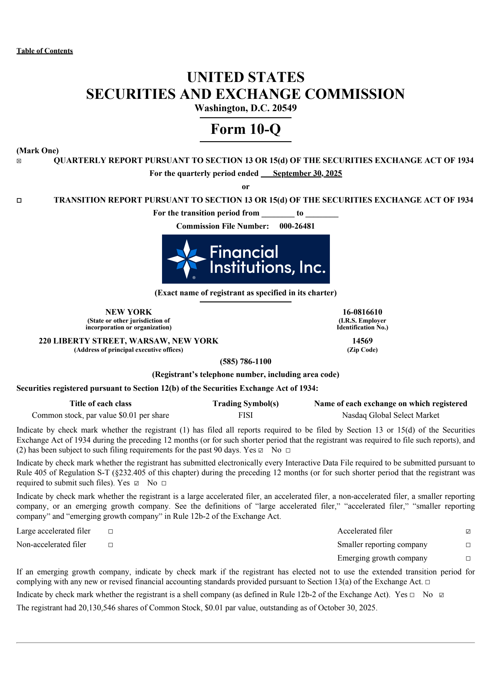 Financial Institutions' Q3 2025 Quarterly Report