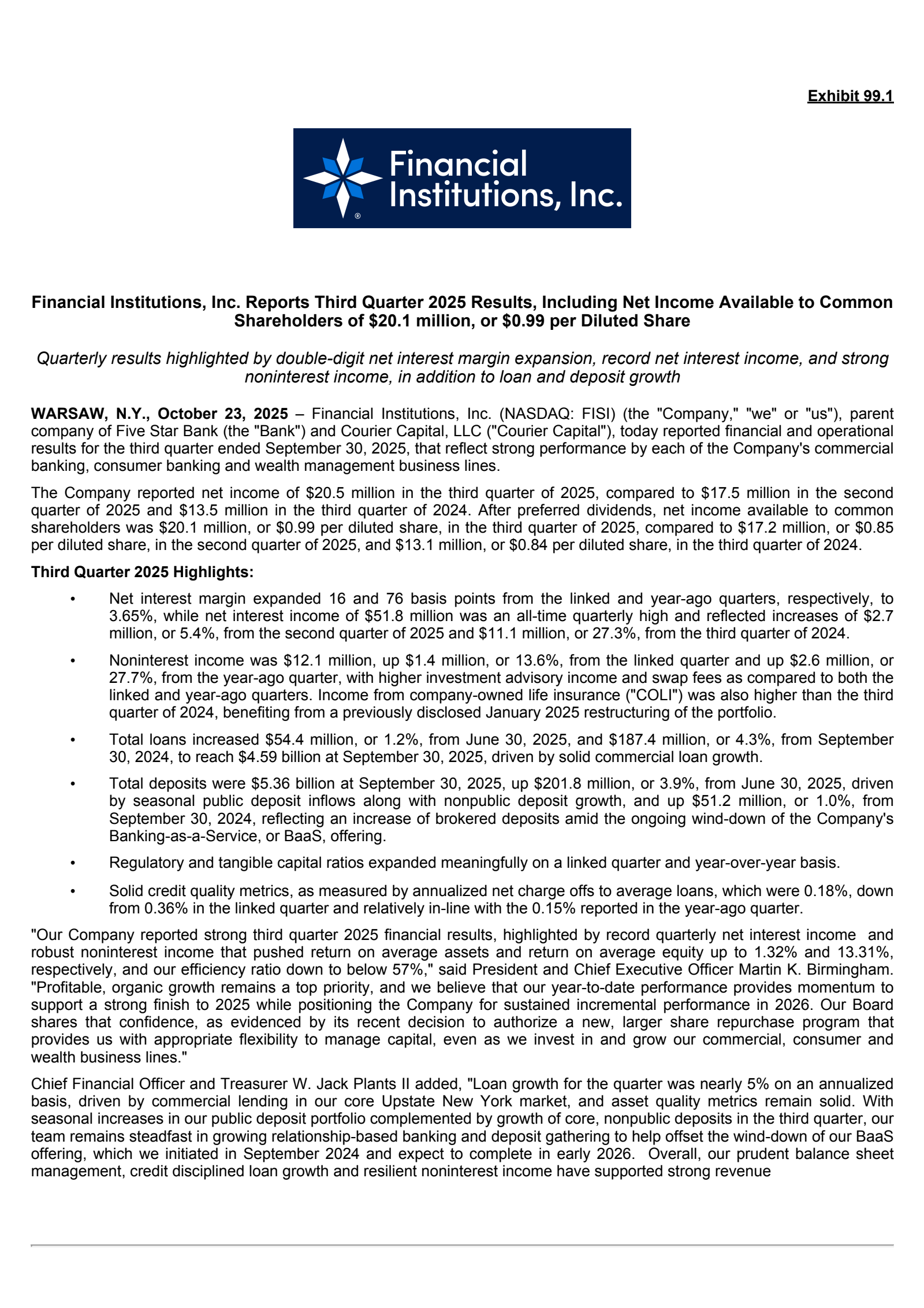 Financial Institutions' Q3 2025 Earnings Release