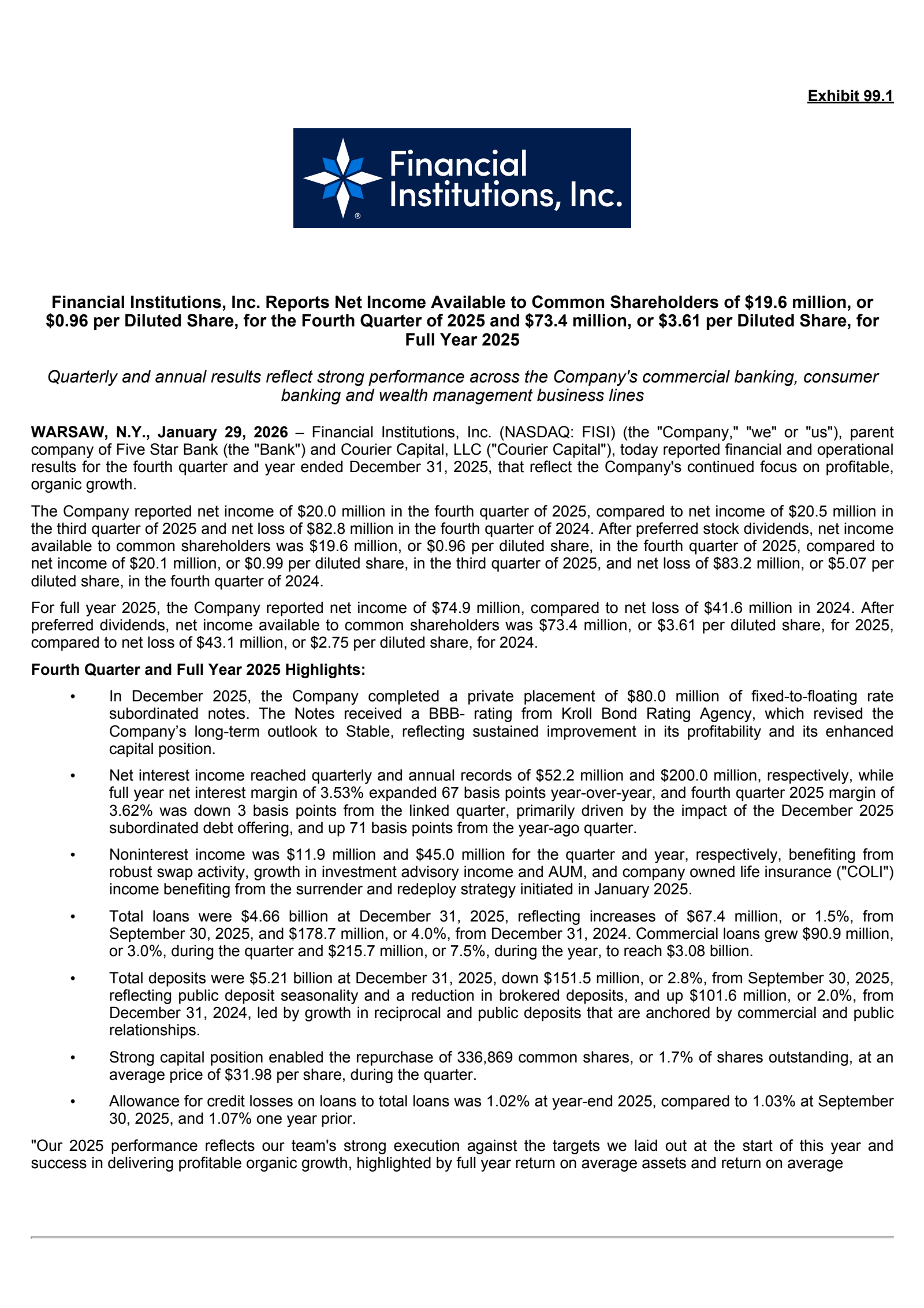 Financial Institutions' Q4 2025 Press Release